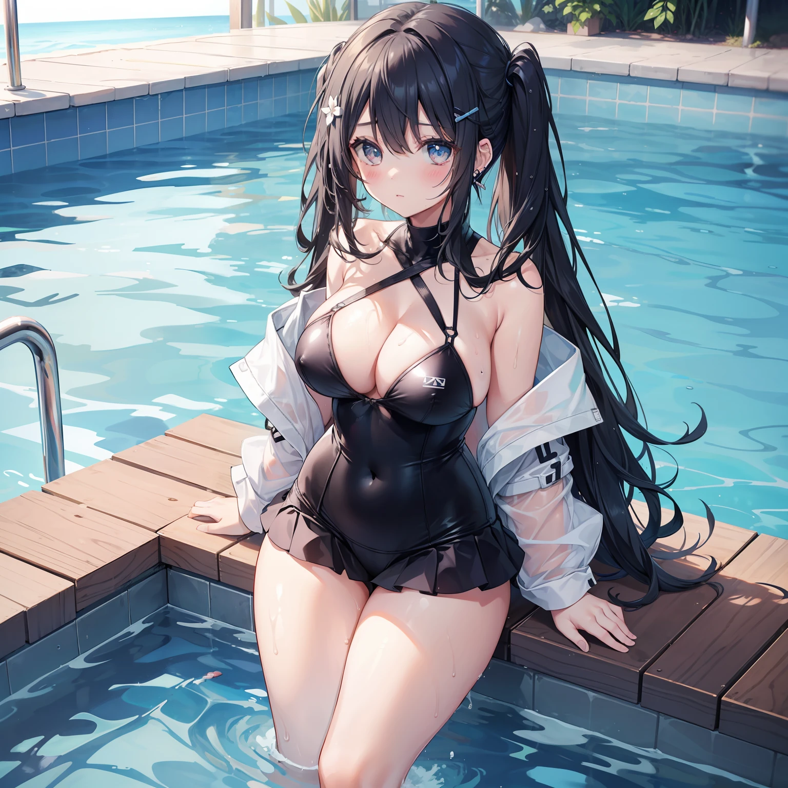 1 Girl, Watery Big Eyes*Sukumizu*Wet Hair*Hair Spread Out*Ear Stud*Swimming Pool, lora:add_detail, big chest, thick legs, big thighs, standing