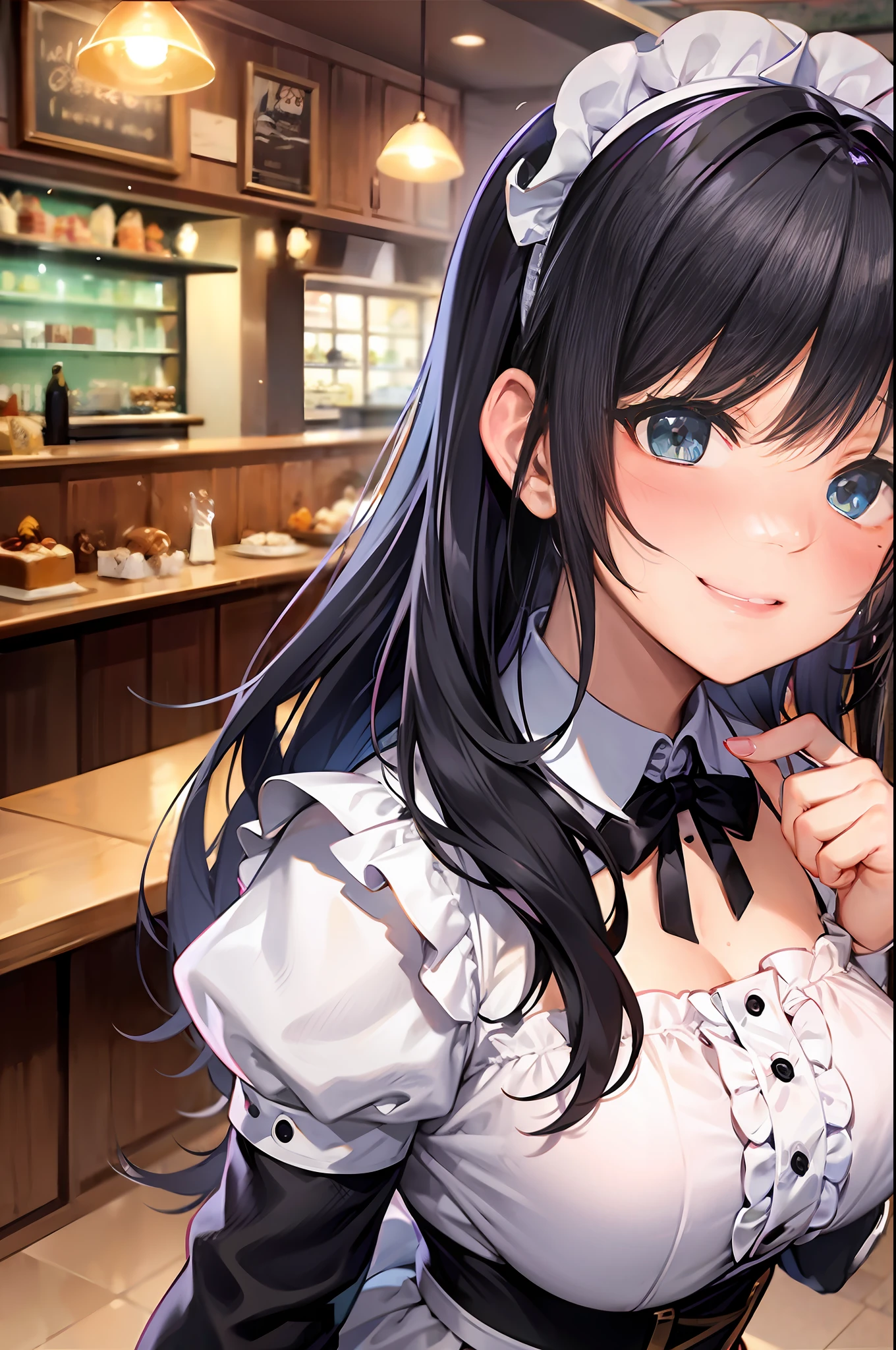black braid hair、maid clothes、E-cup、a smile、(blushed face:1.3)、Cafe Background、radiant eyes、Birthday Cake、