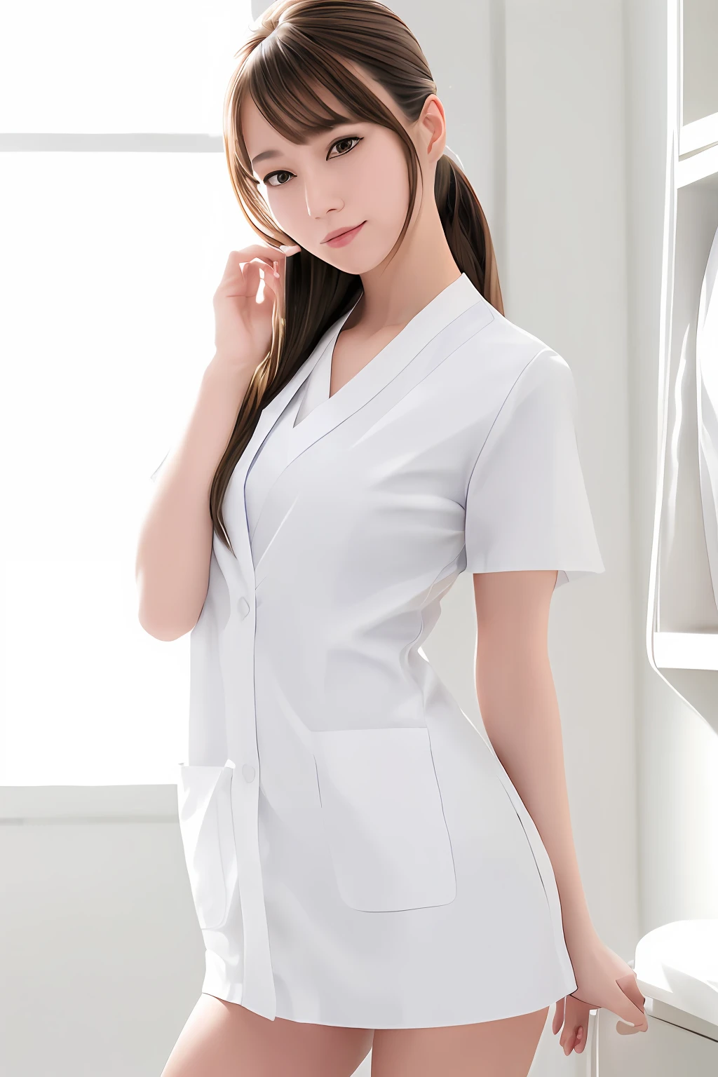 Woman in white nursing uniform over tank top takes photo,Ultra mini skirt、The lab coat is open in front of you, revealing a tank top and leather skirt..、Wear a lab coat over a tank top、much shorter leather skirts、Sit so that you can see your panties.、Short skirts that look good on the thighs、Panties are in full view、Glossy appearance、Open your legs from side to side、Take a good look at your panties,、panthyhose、White panty、Beautiful camel toe、beautiful thigh、Beautiful facial features、poneyTail、 nurse girl, Nurse lab coat,The front of the lab coat is open、 close - fitting nurse costume, doctor, sakimichan, (doctor), White uniform, Yasumoto Oka