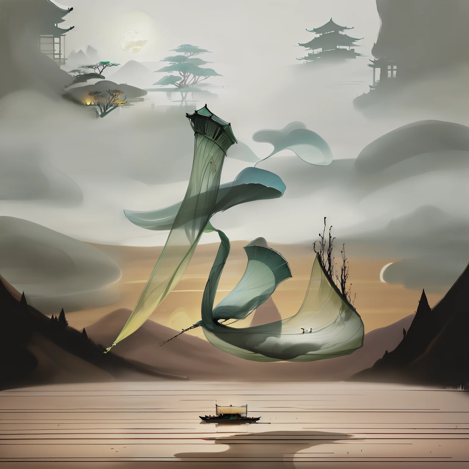 masterpiece,best quality,Chinese martial arts style,an asian night scene with lanterns and water lilies,asian pond with many lanterns and boatsa night scene with many lights and boats in the water, Lake surface, lotus flowers,beautiful night scene,(((Chinese martial arts style))), with vast sky, continuous mountains and steep cliffs, ink wash style, outline light, atmospheric atmosphere, depth of field, mist rising, bamboo, pine trees, octagonal stone pavilion, waterfall flowing water,big full moon,(No color) , Monochrome, light color,