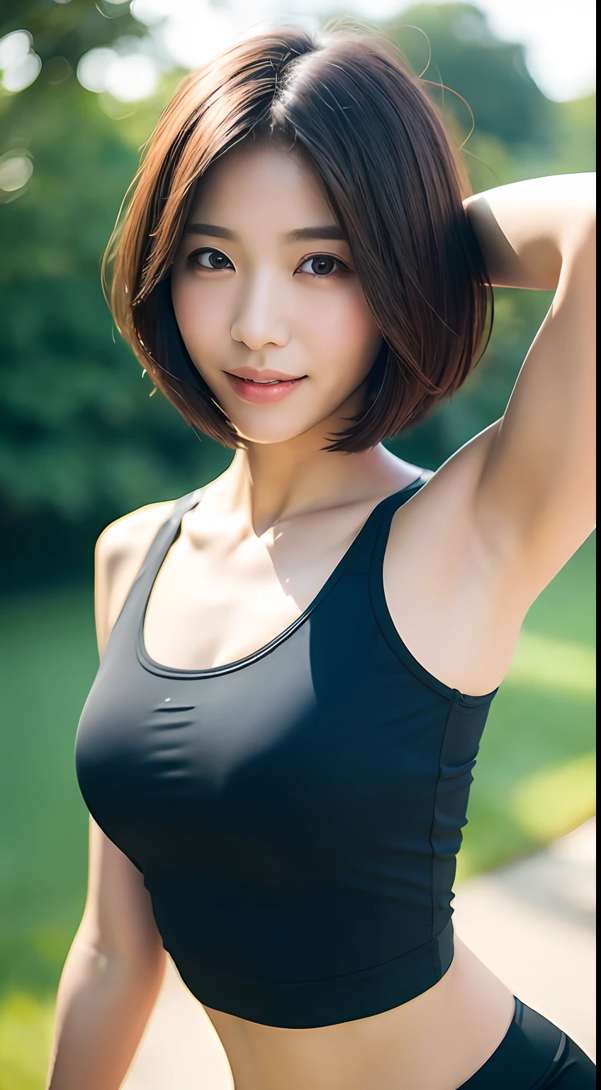 ((Top Quality, 8k, Masterpiece: 1.3)), Sharp Focus: 1.2, Perfect Body Shape Pretty Woman: 1.4, Slender Abs: 1.2, (Layered Haircut, Big: 1.8), (Sports Bra: 2.0), (Jogging: 1.8), (Street: 1.2), Highly Detailed Face and Skin Texture, Detailed Eyes, Double Eyelids, Smile, Bokeh,