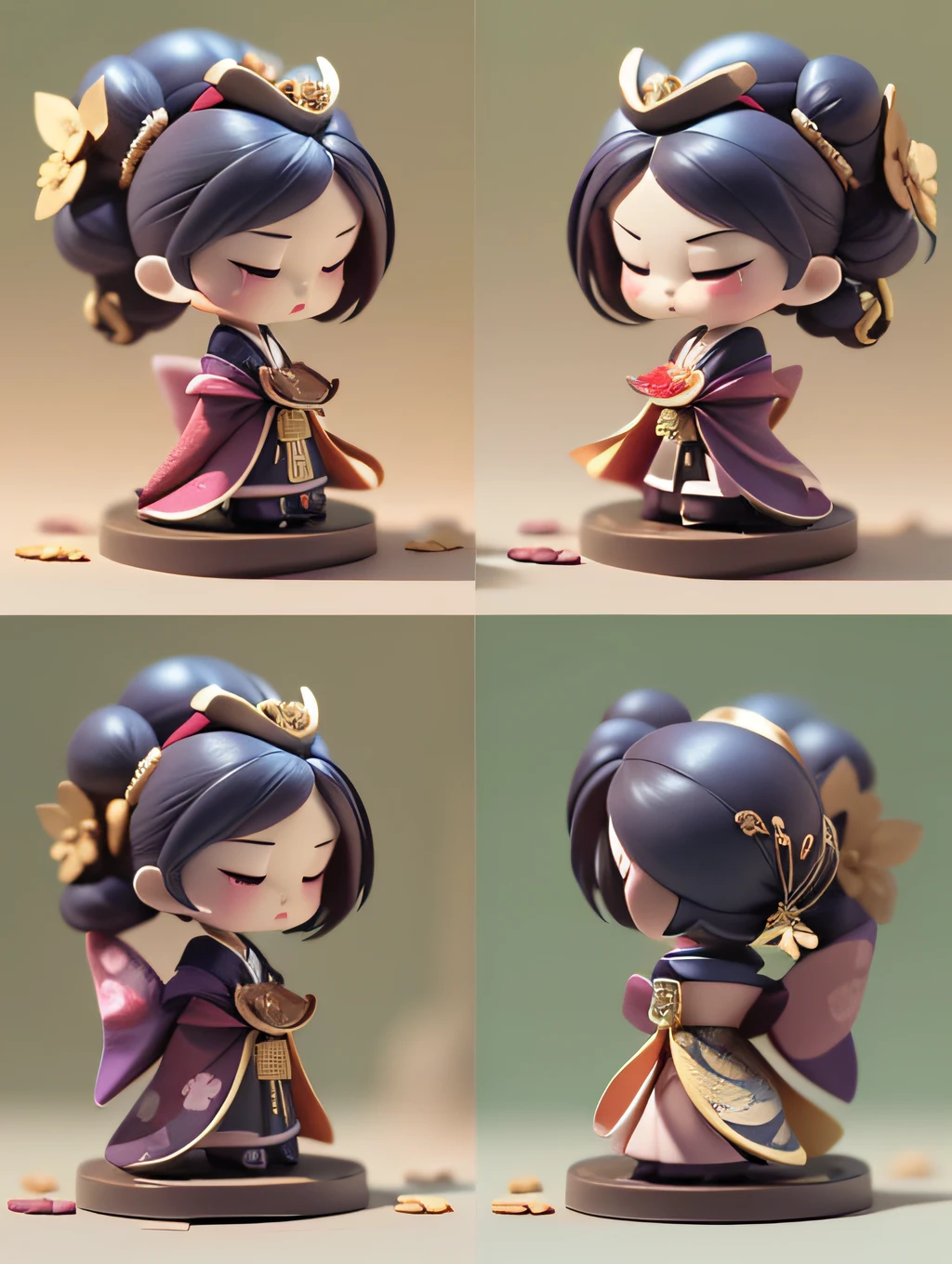 (Blind box toy style:1.2), (Full body shot) , 1 Plastic cute Japanese geisha ,Purple kimono, solo,(circular base), Japanese geisha style, dreamy glow, Dirty, Brown undertone, Battle damage style( Global illumination, Ray traching, hdr, unreal render,reasonable design, high detal, Masterpiece, Best quality, hyper HD, Cinematic lighting)