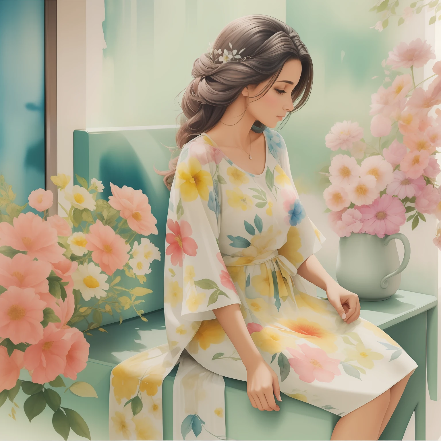 Pintura em aquarela de um mulher sentada em um banco com flores em volta ... mulher de vestindo  blusa  e saia ... cabelos cacheados ruivos