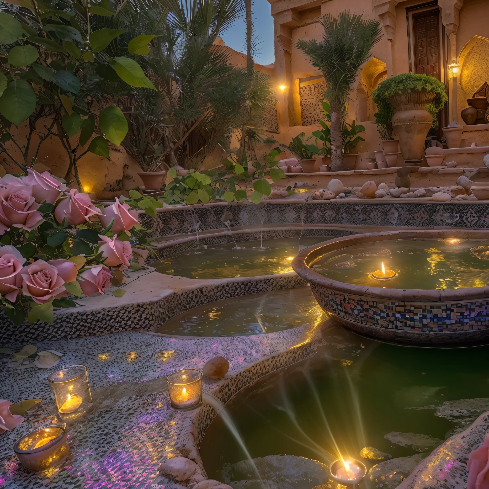 (Moon view), riad jacuzzi, (riad hotsprings), (steam), steamy hot, opalescent, Photoluminescence, fantasy, clear, Cinematic RAW photo, hyper real photo, ultrarealistic, dslr, soft lighting, high quality, reflections, photo, (sparkling) splashing, glistening, (iridescent), glimmering, dripping, misty, mystical, enchanting, glittering, (masterpiece) (best quality) (detailed) (8k) (HDR) (cinematic lighting) (sharp focus) (intricate), bioluminescent, epic and stunning, celestial, candles, romantic, (Ouarzazate), ((Marrakech)), flowing, glistening, melting, shimmering, (masterpiece) (best quality) (detailed) (8k) (HDR) (wallpaper) (cinematic lighting) (sharp focus) (intricate), exotic lights, Moroccan candles, Ouzoud waterfalls, palm trees, floating flowers, Fujifilm XT3, photographed on a Kodak Retina II Sanyo Xacti VPC-CA6, 50mm lens, HDR, hyper-realistic, colorgraded, pink roses