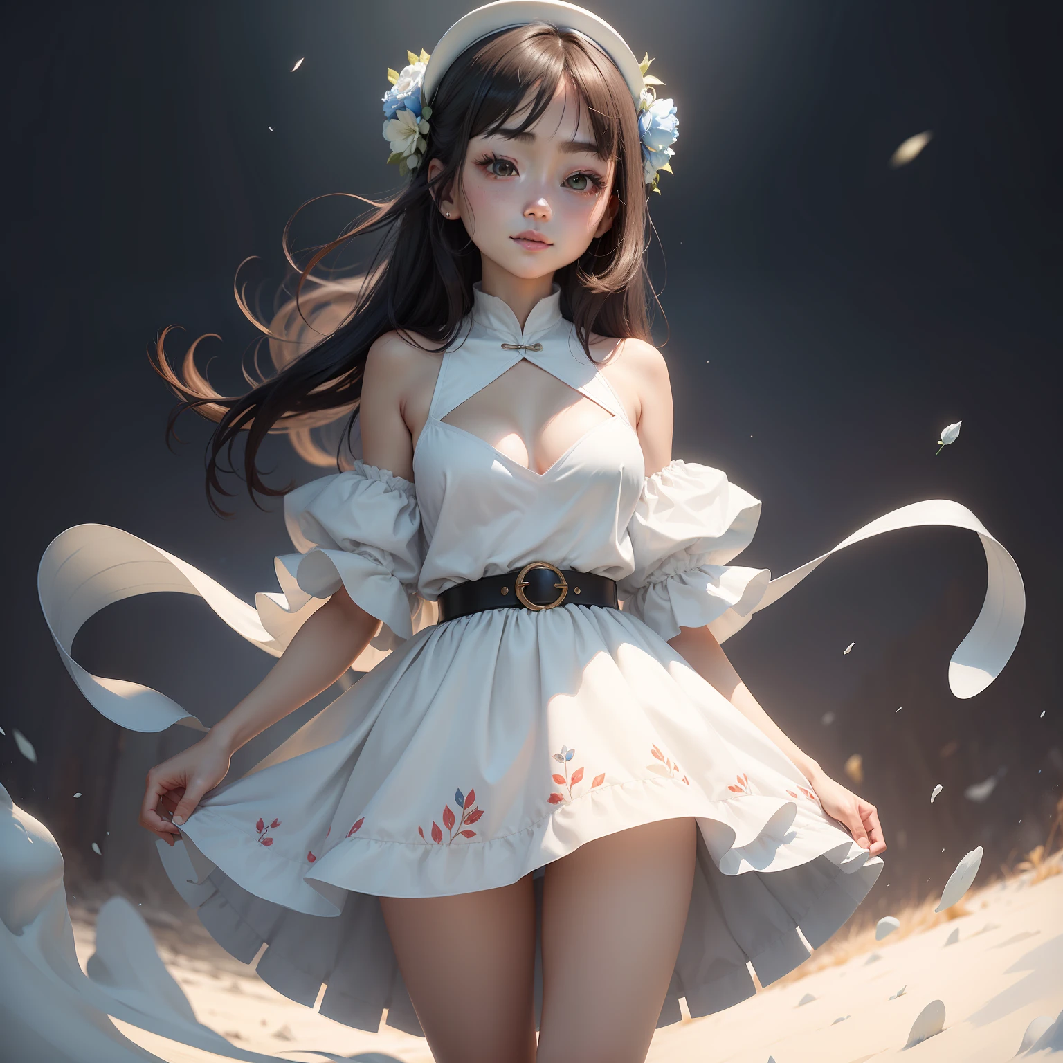 round eye,Anime small face,Lovely so much。Bumpy body and cold skin,Qianqian's legs also have a delicate and cute face,It's a stunning beauty,The girl ,a smiling face,The cheeks are flushed,Tall and tall,The face is glowing,The complexion is like snow,Small dimples on the small face,Slightly shy,It's beautiful,The tall figure wears a long skirt that intersects blue and white,The high-heeled fit wears a strap skirt with strawberry flowers on a white background,A chest as shallow as snow,The skirt covers only the knees,A tonal belt at the waist tightens the waist to a slim grip,Full breasts。。