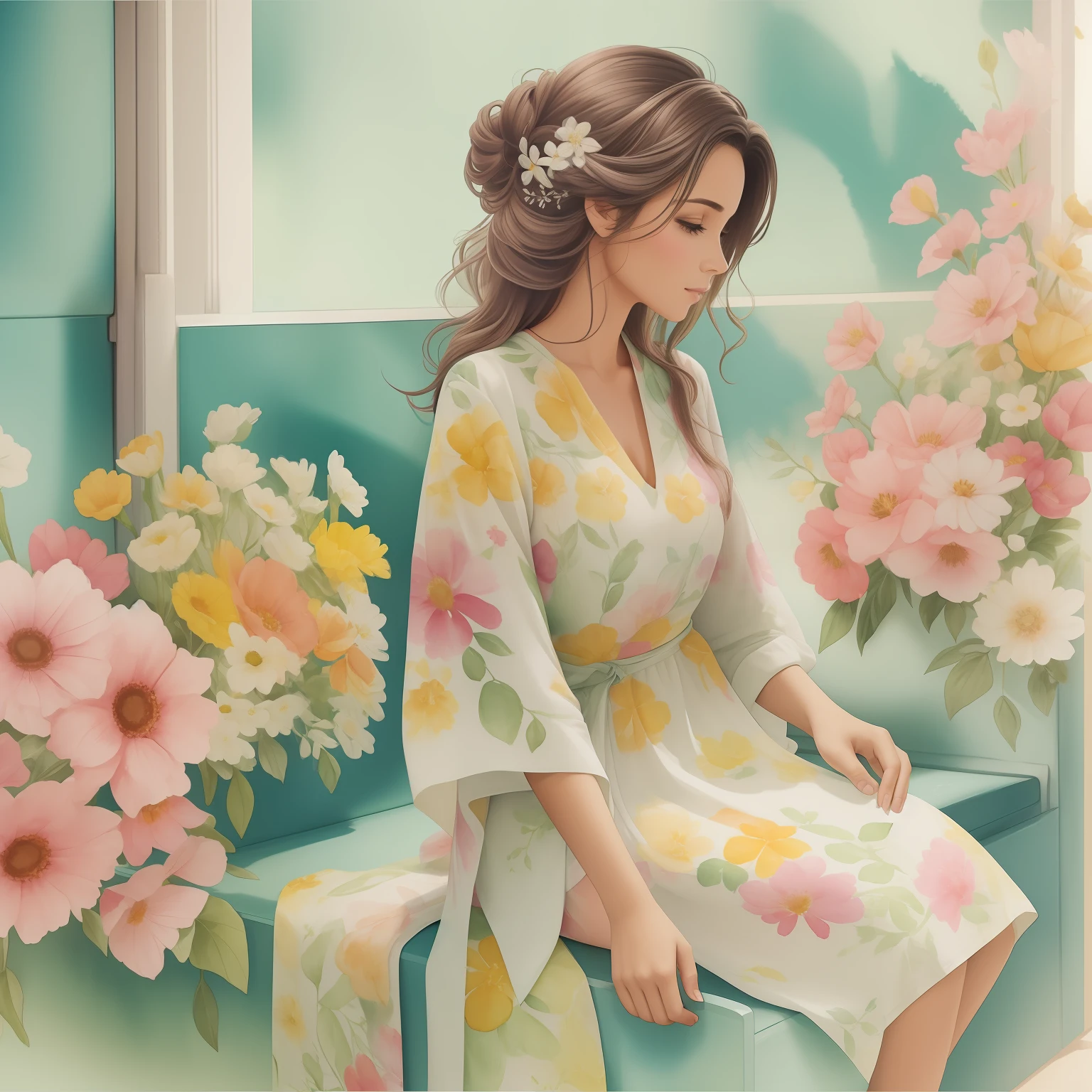 Pintura em aquarela de um mulher sentada em um banco com flores em volta ... mulher de vestindo blusa e saia ... cabelos cacheados ruivos