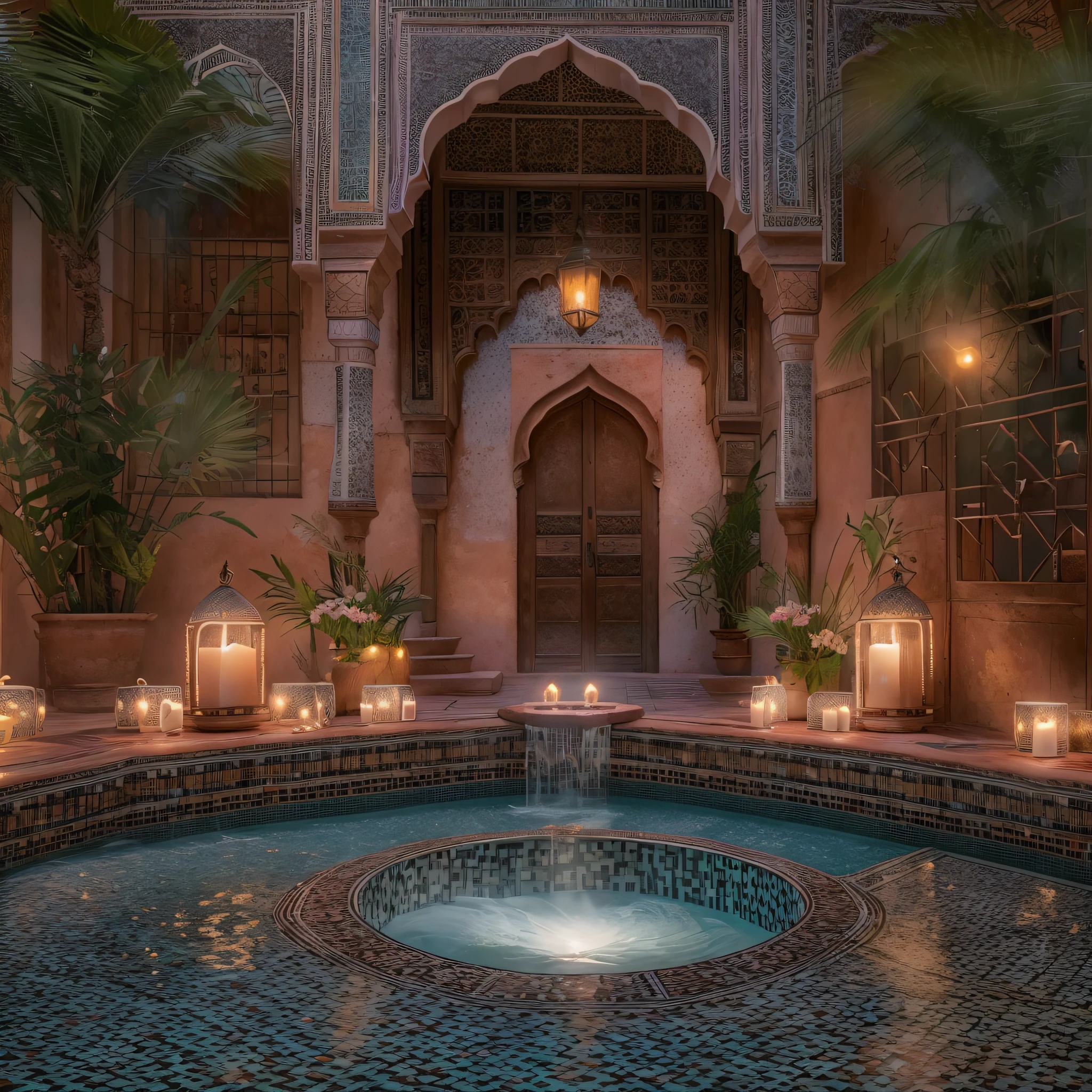 (Moon view), riad jacuzzi, (riad hotsprings), (steam), steamy hot, opalescent, Photoluminescence, fantasy, clear, Cinematic RAW photo, hyper real photo, ultrarealistic, dslr, soft lighting, high quality, reflections, photo, (sparkling) splashing, glistening, (iridescent), glimmering, dripping, misty, mystical, enchanting, glittering, (masterpiece) (best quality) (detailed) (8k) (HDR) (cinematic lighting) (sharp focus) (intricate), bioluminescent, epic and stunning, celestial, candles, romantic, (Ouarzazate), ((Marrakech)), flowing, glistening, melting, shimmering, (masterpiece) (best quality) (detailed) (8k) (HDR) (wallpaper) (cinematic lighting) (sharp focus) (intricate), exotic lights, Moroccan candles, Ouzoud waterfalls, palm trees, floating flowers, Fujifilm XT3, photographed on a Kodak Retina II Sanyo Xacti VPC-CA6, 50mm lens, HDR, hyper-realistic, colorgraded, pink roses