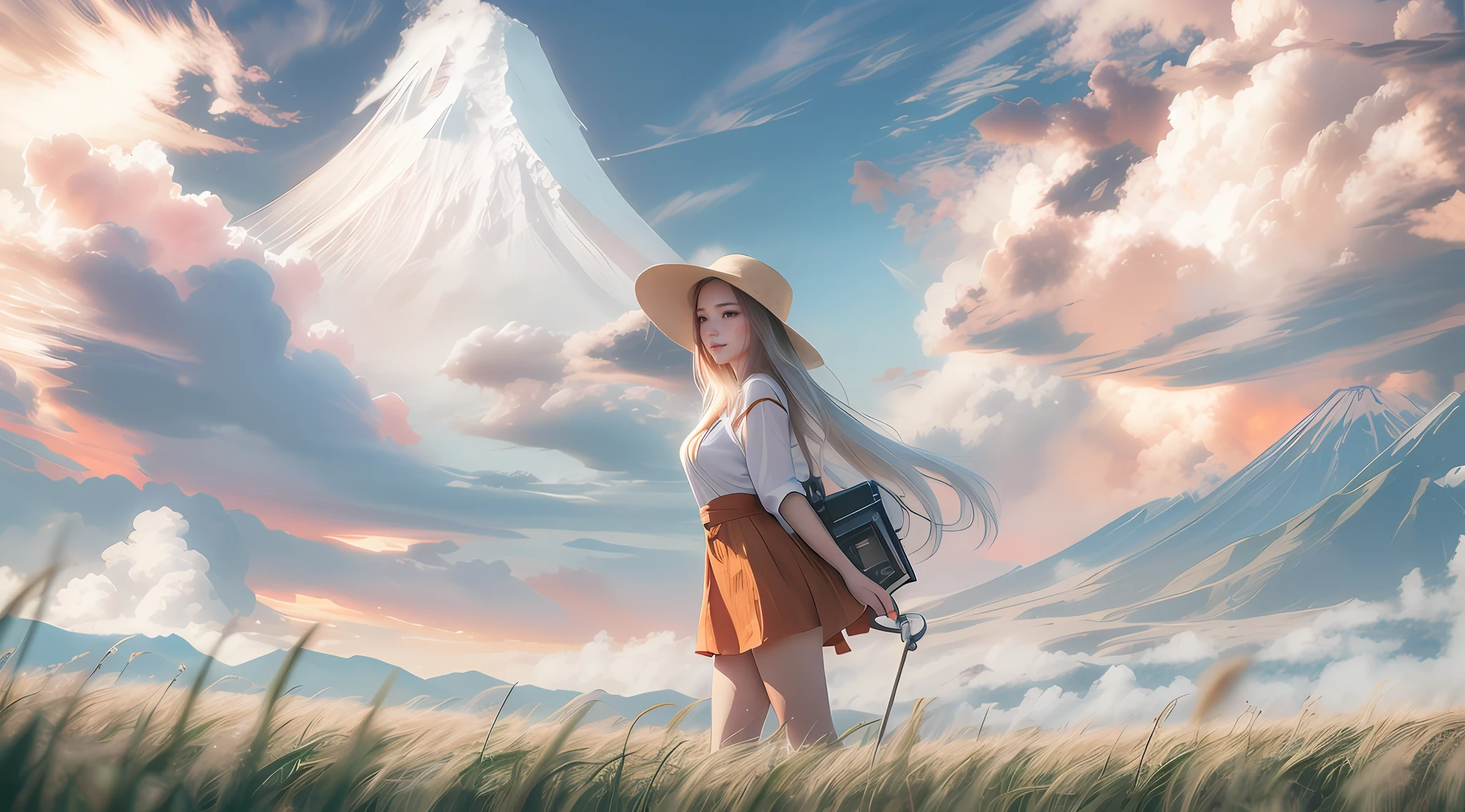 Women working in the field。in her 20s、red hairs、big eye、lofty nose、Beautiful lips、Agricultural hoe in hand、large full breasts、Dripping sweat、Lustrous skin、Exposed skin、Large field、Superb view、Mt fuji、high-detail、Delicate touch、Realistic、blue open sky、Into the cloud、suns、Low-angle → camera