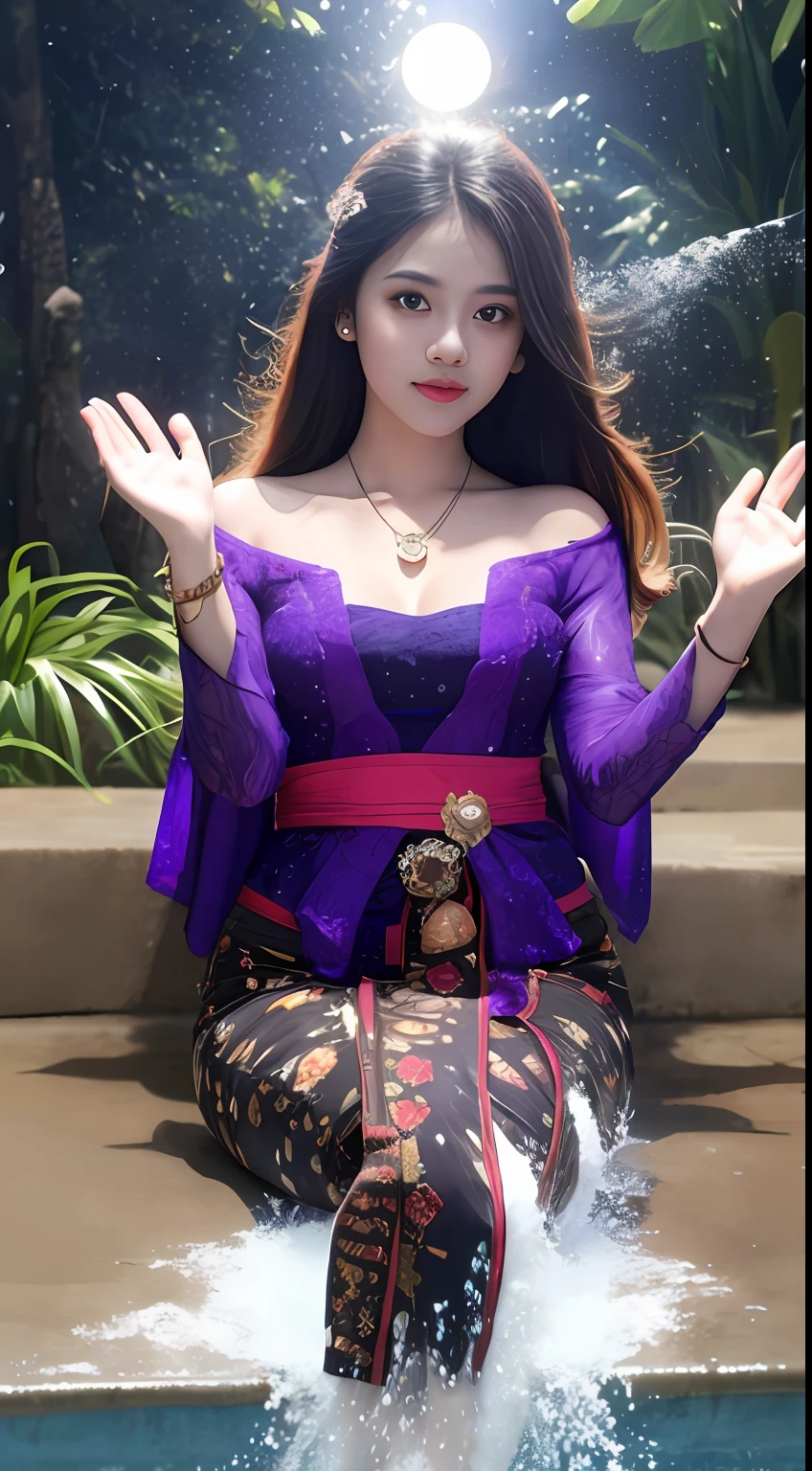 watery big eyes, loving pupils, [shy], long hair, raising hand, master works, best picture quality, ((kebaya_bali)),super high resolution, higher quality, beautiful girl, female, heart-shaped hair ornament, 8k resolution, hot girl, student, beautiful pupil, blush, dusk, oasis ((character at the edge of the pool)), magic ring, volumetric light, cinematic light, natural light. Waterfall background, fashion long skirt, not exposed, full body photo
Snow Moon Law Moon Girl Light Shoulders, Solo, Crystal Clear Water Splash Perfect Reflection, Eyebrow Pattern, Beautiful Black Eyes, Floating Water Splash, Black Water Droplet, Beautiful Glow, Best Quality, Illustration, Masterpiece, Best Production, Best Quality, Highly Detailed, Extremely Detailed CG, Lighting, Cute, Tyndall Effect, Burning Splash Wrapped, Light Shoulders, Depth of Field, Black Water, Super Moe, Shining, Beautiful
The, delicate facial features, cute, black water particle special effects, dreamy, floating
Black glowing particles, burning hair, necklace
((Masterpiece)), ((Highest Quality)), exquisite CG, blue-purple tone, sweet
Beautiful and lovely