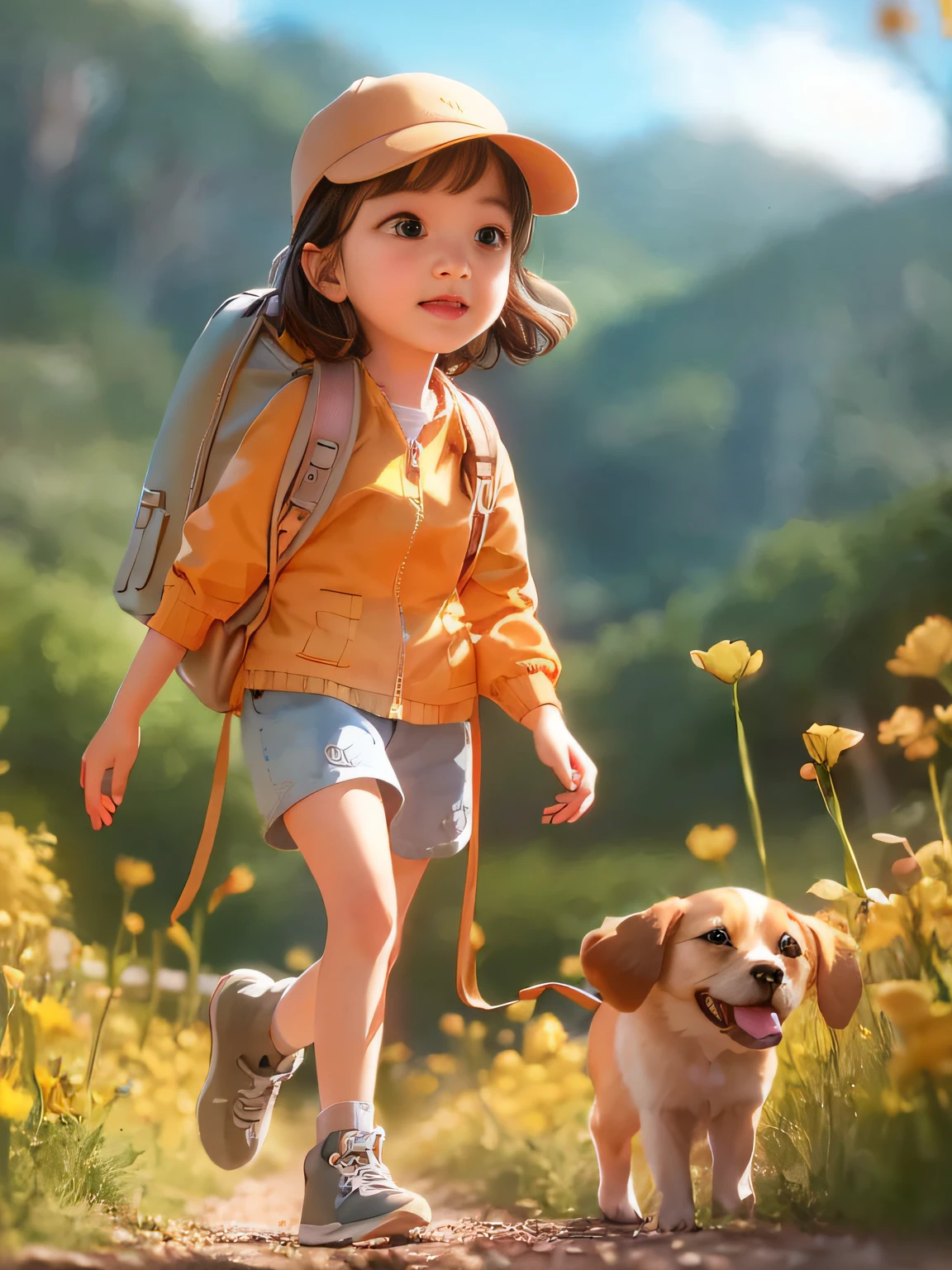 Tip: A very charming with a backpack and her cute puppy enjoying a lovely spring outing surrounded by beautiful yellow flowers and nature. The illustration is a high-definition illustration in 4k resolution, featuring highly detailed facial features and cartoon-style visuals.