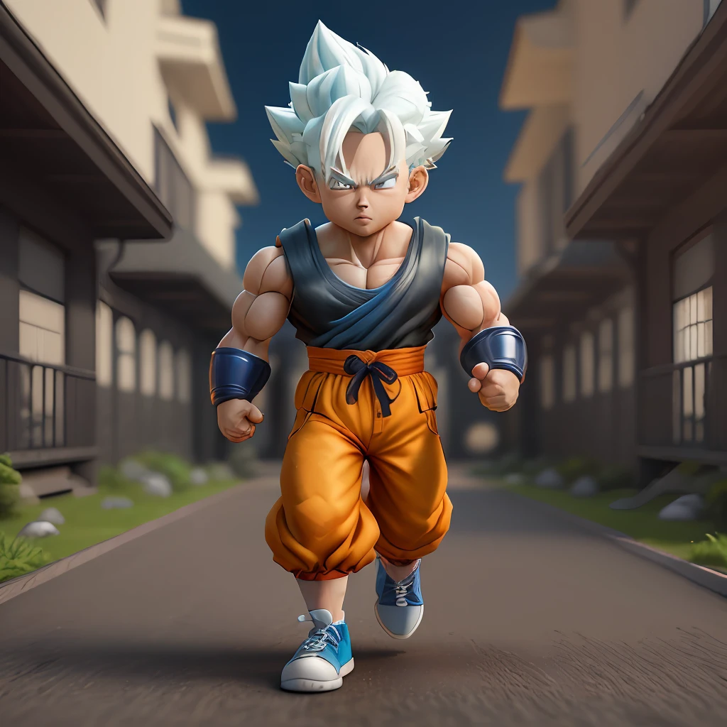 Goku, super saiyan, exquisite hair, arm depiction, white and blue hair body, exquisite shoes, eye depiction, exquisite hair, popmart blind box, clay texture, stepping on the land, black and white background, natural lighting, most good quality, super detail, 3D art, c4d, OC renderer, 3D rendering, 8k