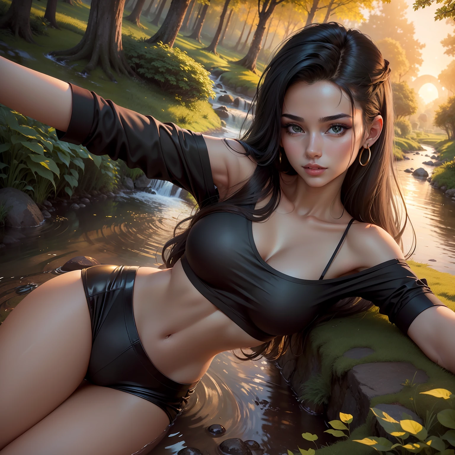 (Ultra-detailed, best quality, masterpiece) - A hot, petite, sexy 24-year-old female model named Marina taking selfies wearing a black top in a tranquil village green surrounded by a lush forest, illuminated by a golden sunset and a meandering stream.