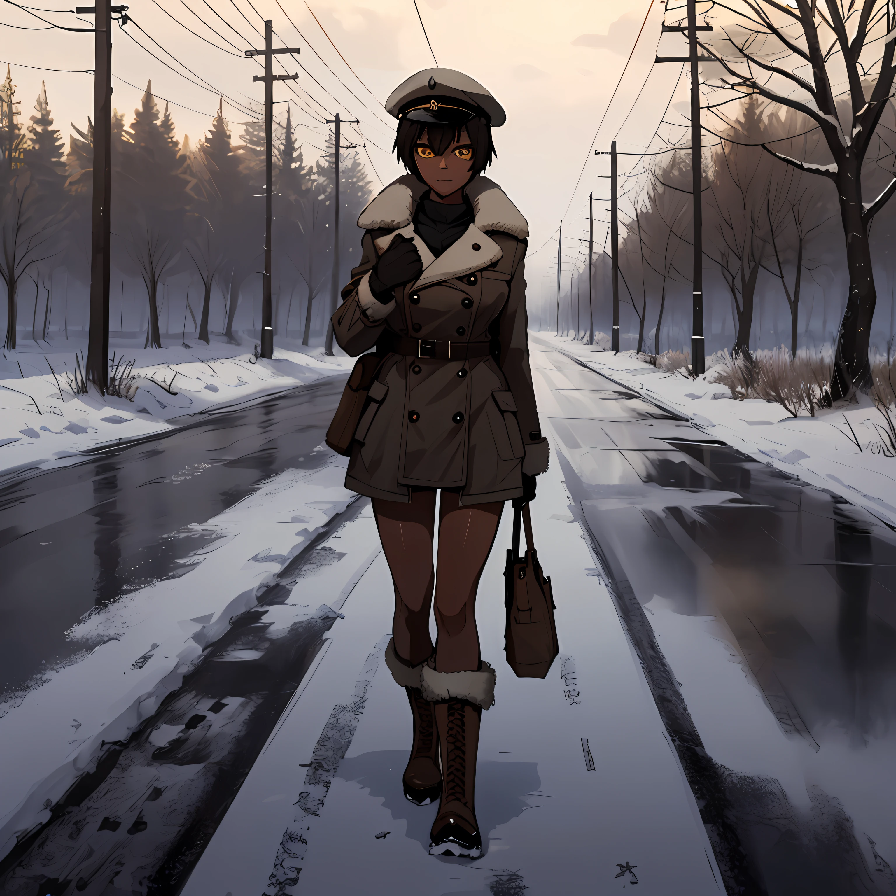 a 1girl, 独奏, Short Hair Hair, long bangs, Black hair, yellow eyes, dark-skin, military coat with buttons with brown fur, Brown high boots, brown gloves, Average Breasts, middle thighs, shapely body, woods, winter, road, ice, snowing, grey sky, clouds, Grey lighting, The White Sun, Tired look, walks along the road, In the hands of a brown military cap.