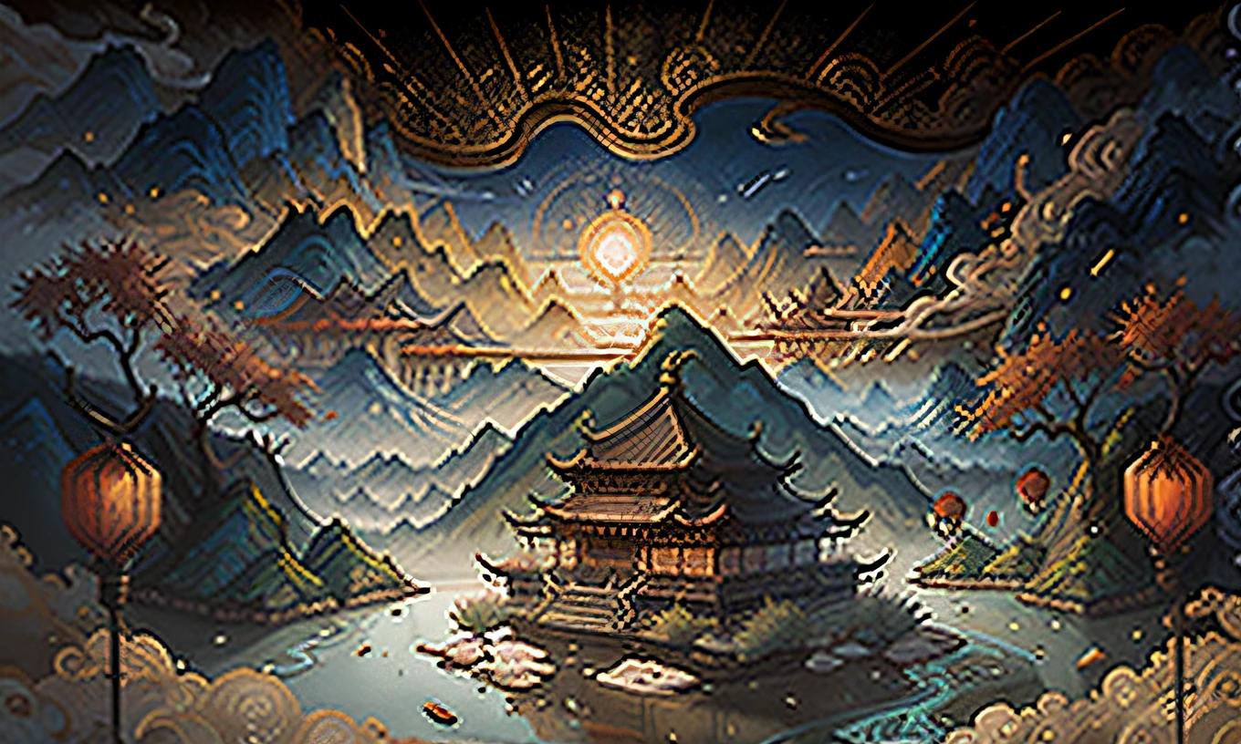 An ancient Chinese painting, ancient Chinese background, mountains, rivers, auspicious clouds, pavilions, sunshine, masterpieces, super detail, epic composition, ultra HD, high quality, extremely detailed, official art, unified 8k wallpaper, Super detail, 32k -- v 6