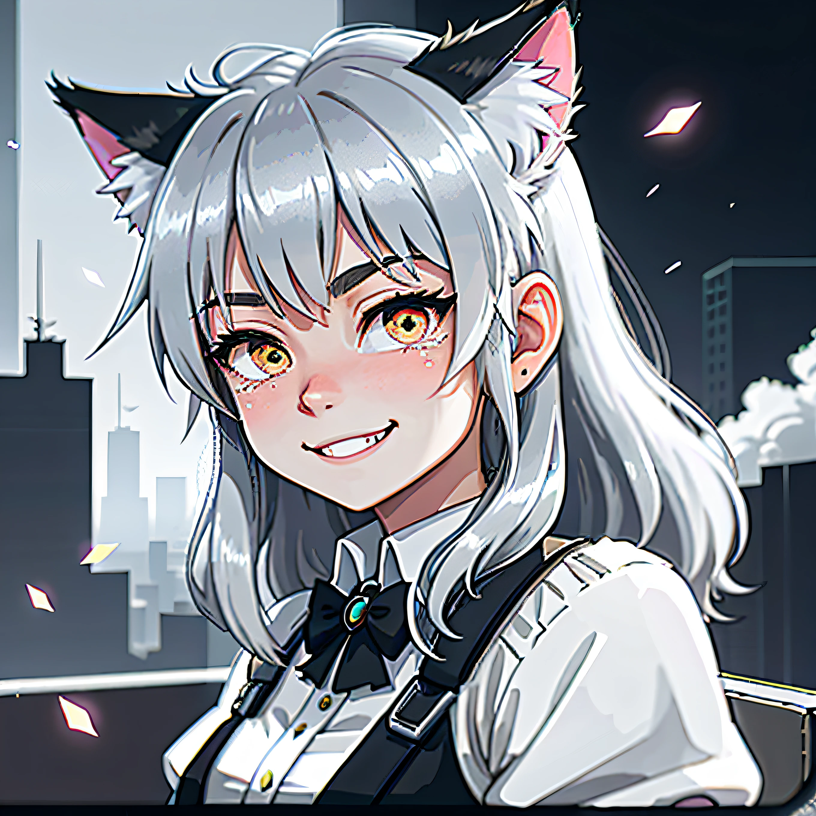 longeyelashes, fake animal ears, light smile, ear blush, fang, cat ears, smile, mole under eye, happy tears, silver hair, drop shadow, anaglyph, stereogram, tachi-e, pov, atmospheric perspective, anime style, anime, Romanticism, 8k, super detail, ccurate, best quality, 1080P, HD, 4K, 8k, 16k