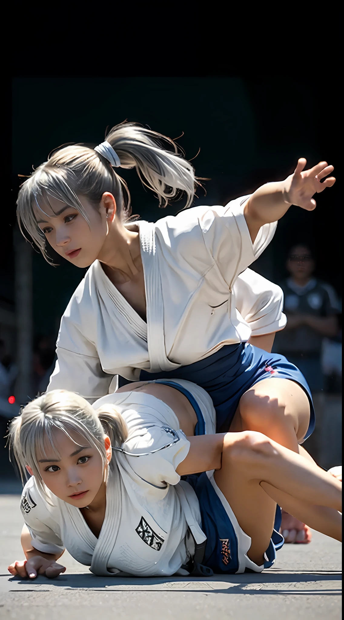 beautiful girls are playing JUDO ,18yo, in the street, silver hair, split ponytail, Conceptual art, best photo shot, glowing light, realistic, UHD, textured skin, masterpiece, anatomically correct, best quality, 8k, full body,