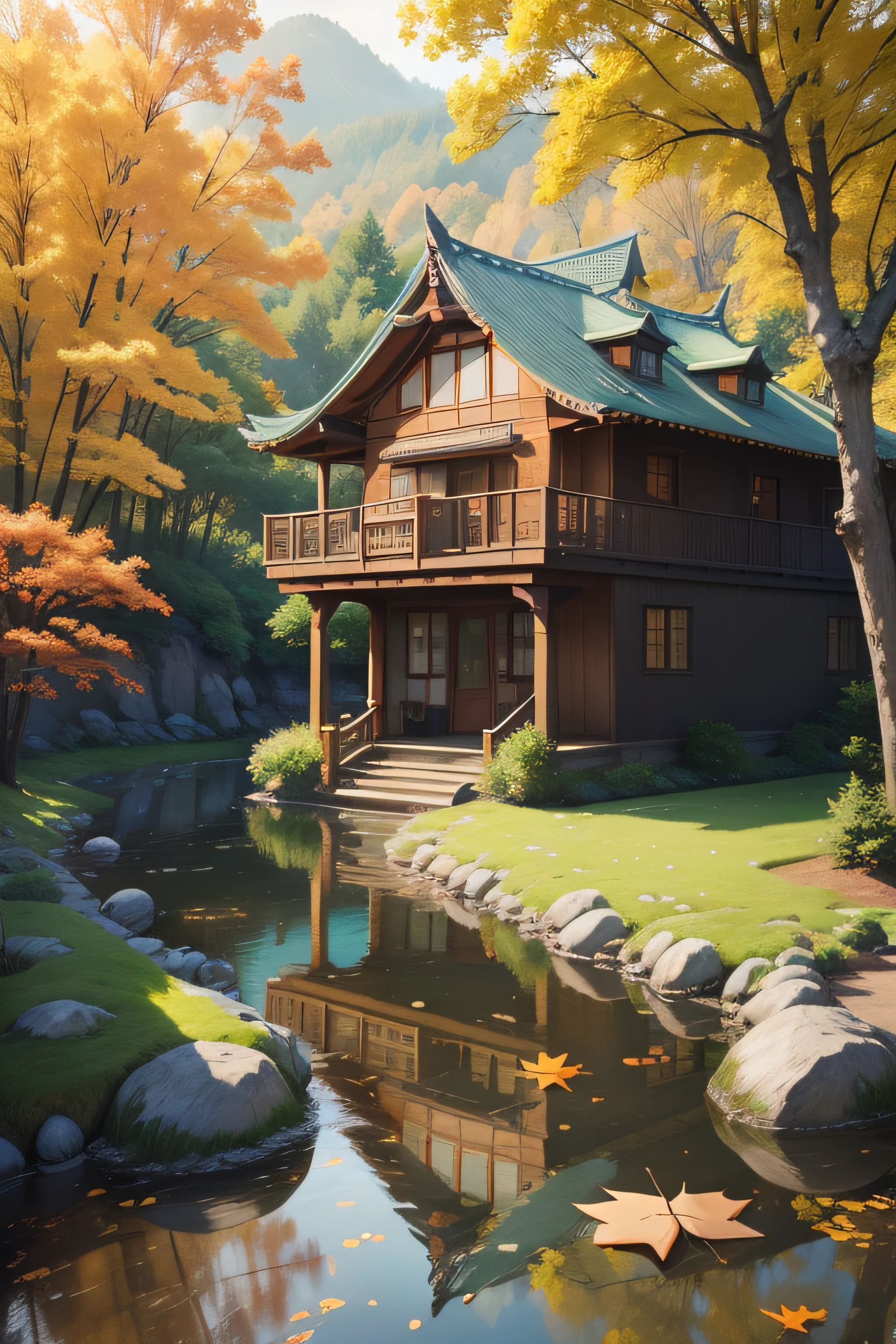 OilPaintStyle、autumnal、lakes、Courtyard villas、Yellow tree、Yellow-green meadow、Rochas、falling leaf，hydrosphere、（illustratio：1.0）、Epic composition、Realistic lighting、high definition detail、tmasterpiece、Best quality，（非常详细的 CG 统一 8k 壁纸）