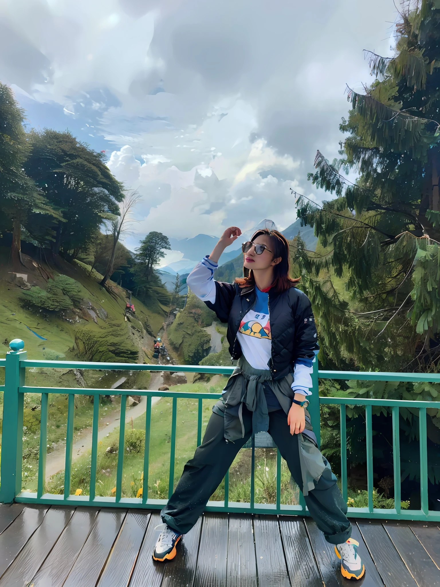 (Masterpiece, Top quality, 8K wallpaper, High definition, Ultra-realistic), 1girll, Solo, full body composition from afar, Slender figure: 1.1, Chinese things, Model face, Beauty, Beautiful face, Beautiful eyes, Detailed face, Detailed eyes, Detailed eyes, detailed nose, Detailed mouth, Short hair, Black eyes, carrying a big backpack, mountain girl style, backpacker, mountaineer, Mountain view from the top of the mountain, Detailed hands, Detailed feet, Detailed fingers, wearing jacket over jacket, T-shirt, Long pants, trekking, hiking, wearing trekking boots, Outdoor, Small breasts, natural landscape photo;mountain climbing;steep mountain range in the distance, magnificent summer mountain scenery with wonderful contrast of blue sky and white clouds. camera = "Sony a7 IV";lens="Tamron 28-200mm f/2.8-5.6 Di III RXD";" light circles = f/6.3";" shutter speed = 1/1600 seconds";" ..ISO=100";