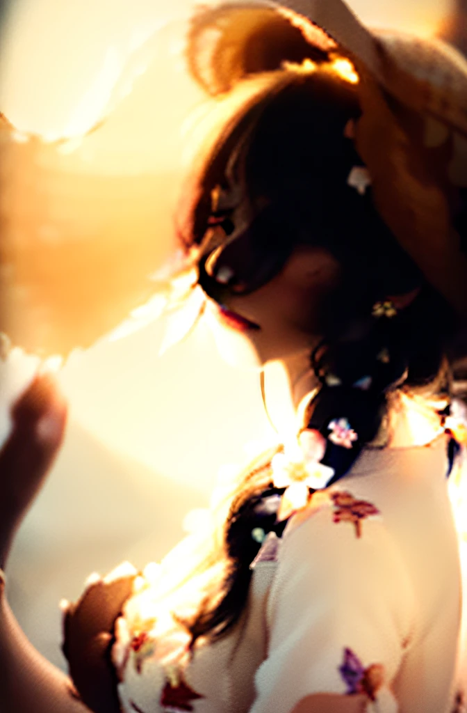(extreme close up:1.5), (face focus:2),(Style of ???? ???:1.5),
((side face:2)),(1girl surrounded by soft_light:1.5), (backlighting:1.8), (lighting),(flowing fabric:1.3), ((Floral_summer_dress:1.5),(Straw_hat:1.3)),
(masterpiece), realistic, HDR, highly detailed, 8k, raw photo,
ambient occlusion, natural, harmonious composition, warm tones, fine art photography,