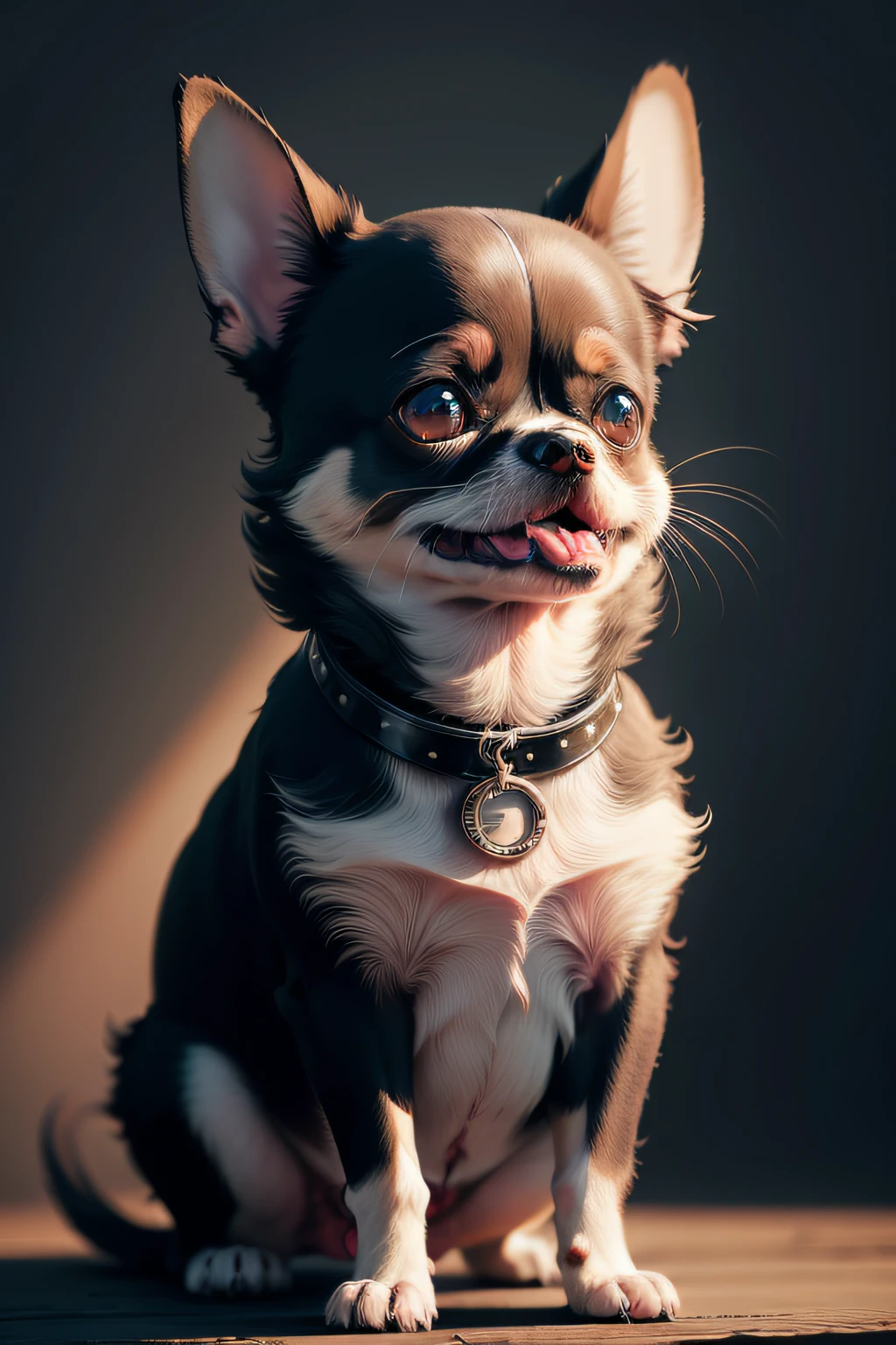 Chihuahua, A black,,blanche, Chubby, Garfield, no_humans, depth of fields, Disney  style, DARK_Glam, Wearing DRK_Glam, deep-shadows, (murky: 1.4), (8K, RAW Photos, top-quality, ​masterpiece: 1.2), A large expression that satisfies the mouth