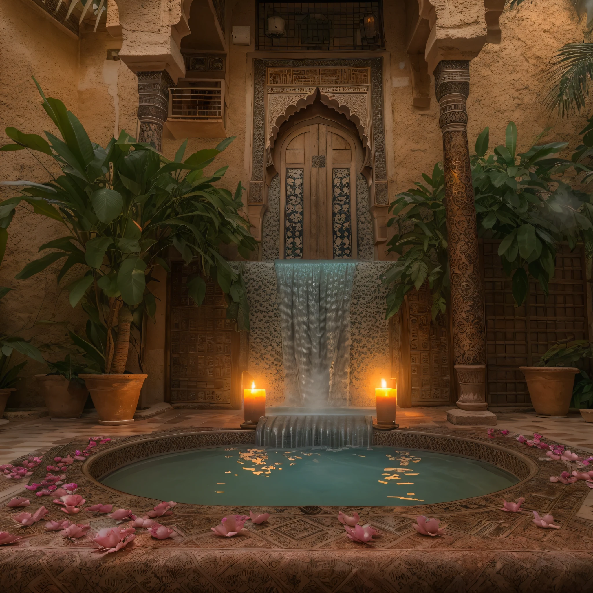 Moon, rays, riad jacuzzi, riad hotspring, steam, steamy, opalescent, Photoluminescence, fantasy, clear, Cinematic RAW photo, hyper real photo, ultrarealistic, dslr, soft lighting, high quality, reflections, photo, (sparkling) splashing, glistening, (iridescent), glimmering, dripping, misty, mystical, enchanting, glittering, (masterpiece) (best quality) (detailed) (8k) (HDR) (cinematic lighting) (sharp focus) (intricate), bioluminescent, epic and stunning, celestial, candles, romantic, (Ouarzazate), ((Marrakech)), flowing, glistening, riad fountain, melting, shimmering, (masterpiece) (best quality) (detailed) (8k) (HDR) (wallpaper) (cinematic lighting) (sharp focus) (intricate), exotic lights, Moroccan candles, Ouzoud waterfalls, palm trees, floating flowers, Fujifilm XT3, photographed on a Kodak Retina II Sanyo Xacti VPC-CA6, 50mm lens, HDR, hyper-realistic, colorgraded, roses