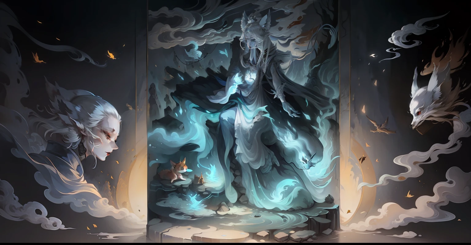 Wall paintings,tmasterpiece,Line drawing,Fox-headed woman sitting on a rock,fox family,dead tree,Cloud fog,Abyss,Fantasy world,Dry bones,deep mountain,Ghostly,Huge thousand-year-old tree,eerie,Diffuse clouds,Only the legs of the fox stick out from the wall,A masterpiece of art,Decorative painting,4K,超高分辨率,