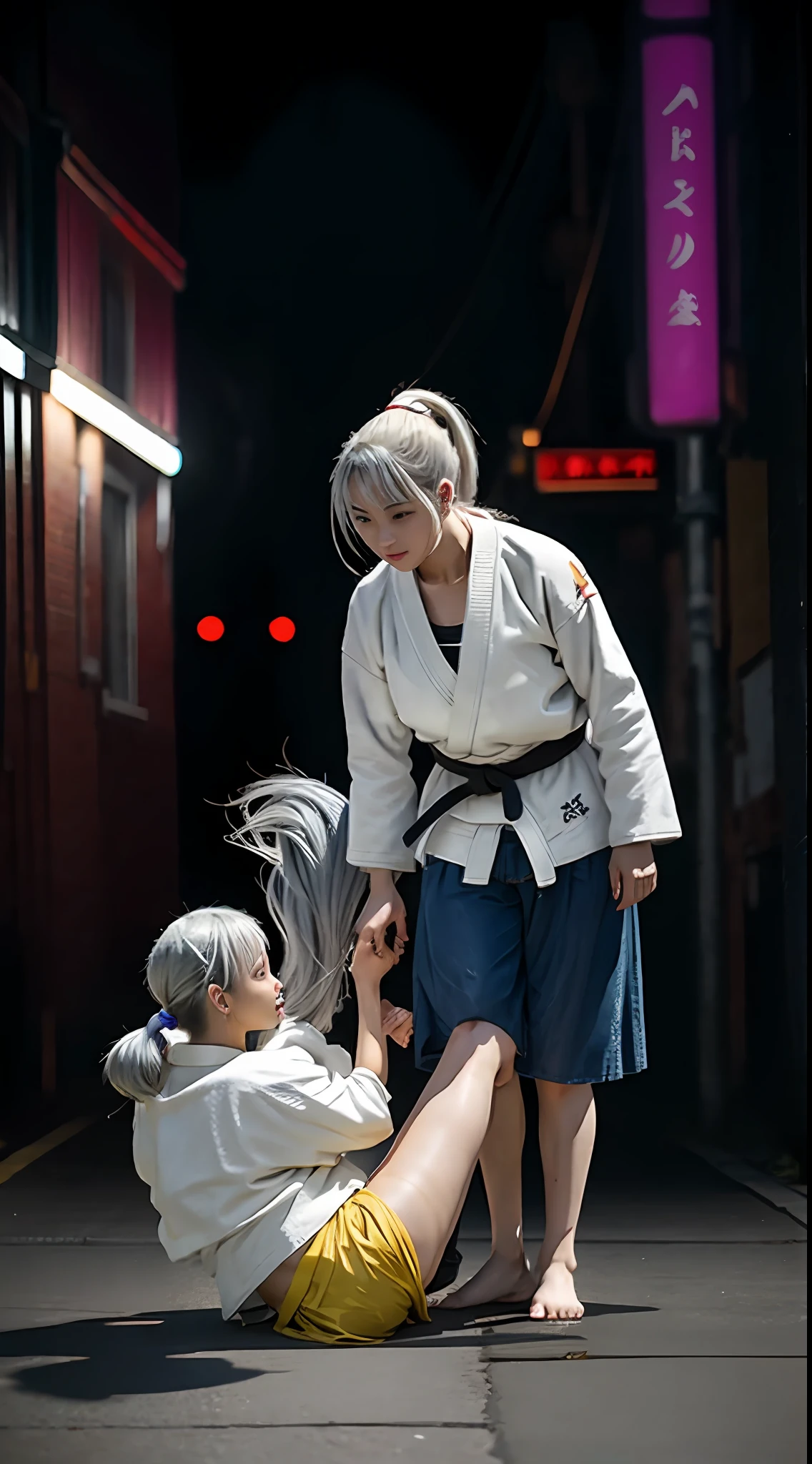 beautiful girls are playing JUDO ,18yo, in the street, silver hair, split ponytail, Conceptual art, best photo shot, glowing light, realistic, UHD, textured skin, masterpiece, anatomically correct, best quality, 8k, full body,
