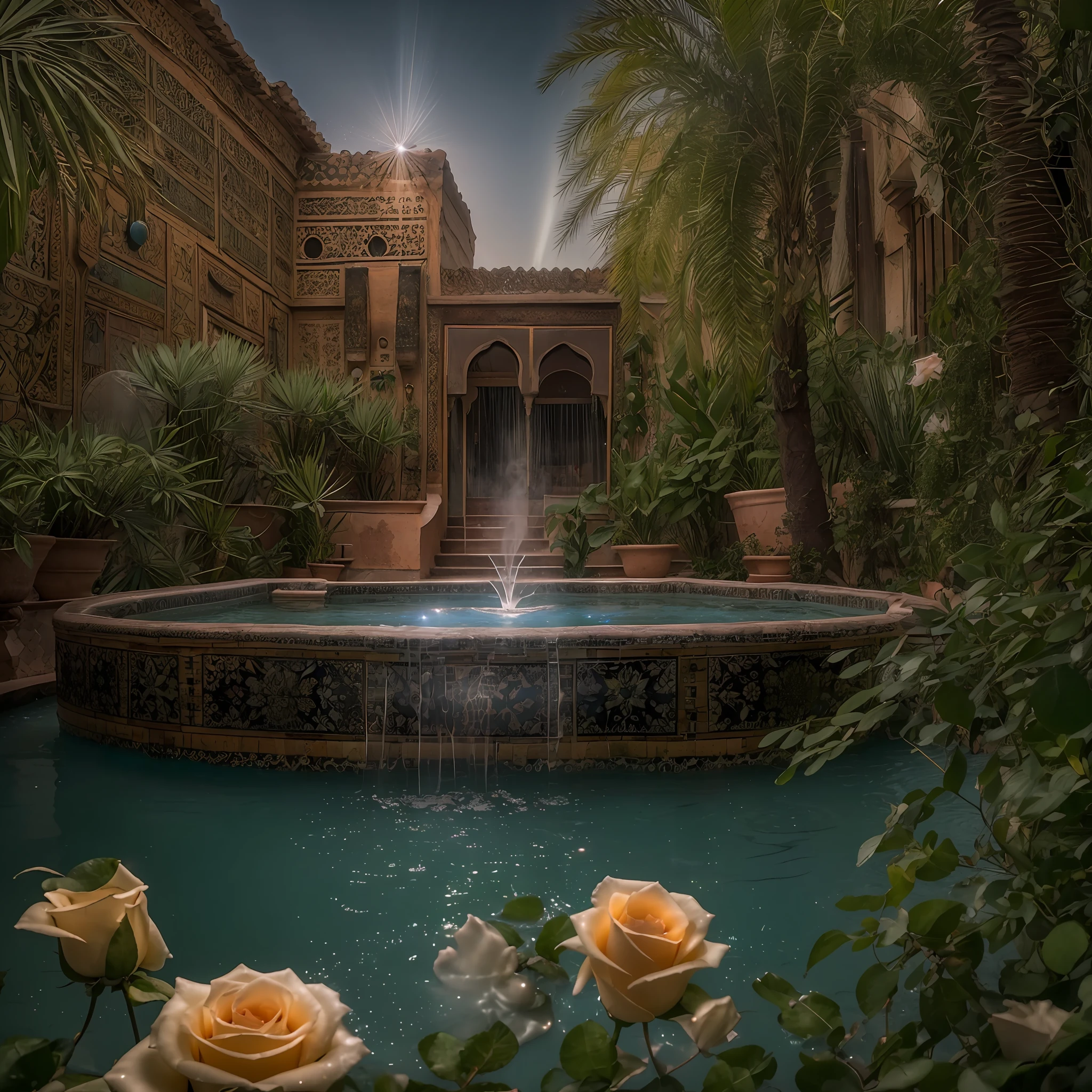 Moon, rays, riad jacuzzi, riad hotspring, steam, steamy, opalescent, Photoluminescence, fantasy, clear, Cinematic RAW photo, hyper real photo, ultrarealistic, dslr, soft lighting, high quality, reflections, photo, (sparkling) splashing, glistening, (iridescent), glimmering, dripping, misty, mystical, enchanting, glittering, (masterpiece) (best quality) (detailed) (8k) (HDR) (cinematic lighting) (sharp focus) (intricate), bioluminescent, epic and stunning, celestial, candles, romantic, (Ouarzazate), ((Marrakech)), flowing, glistening, riad fountain, melting, shimmering, (masterpiece) (best quality) (detailed) (8k) (HDR) (wallpaper) (cinematic lighting) (sharp focus) (intricate), exotic lights, Moroccan candles, Ouzoud waterfalls, palm trees, floating flowers, Fujifilm XT3, photographed on a Kodak Retina II Sanyo Xacti VPC-CA6, 50mm lens, HDR, hyper-realistic, colorgraded, roses