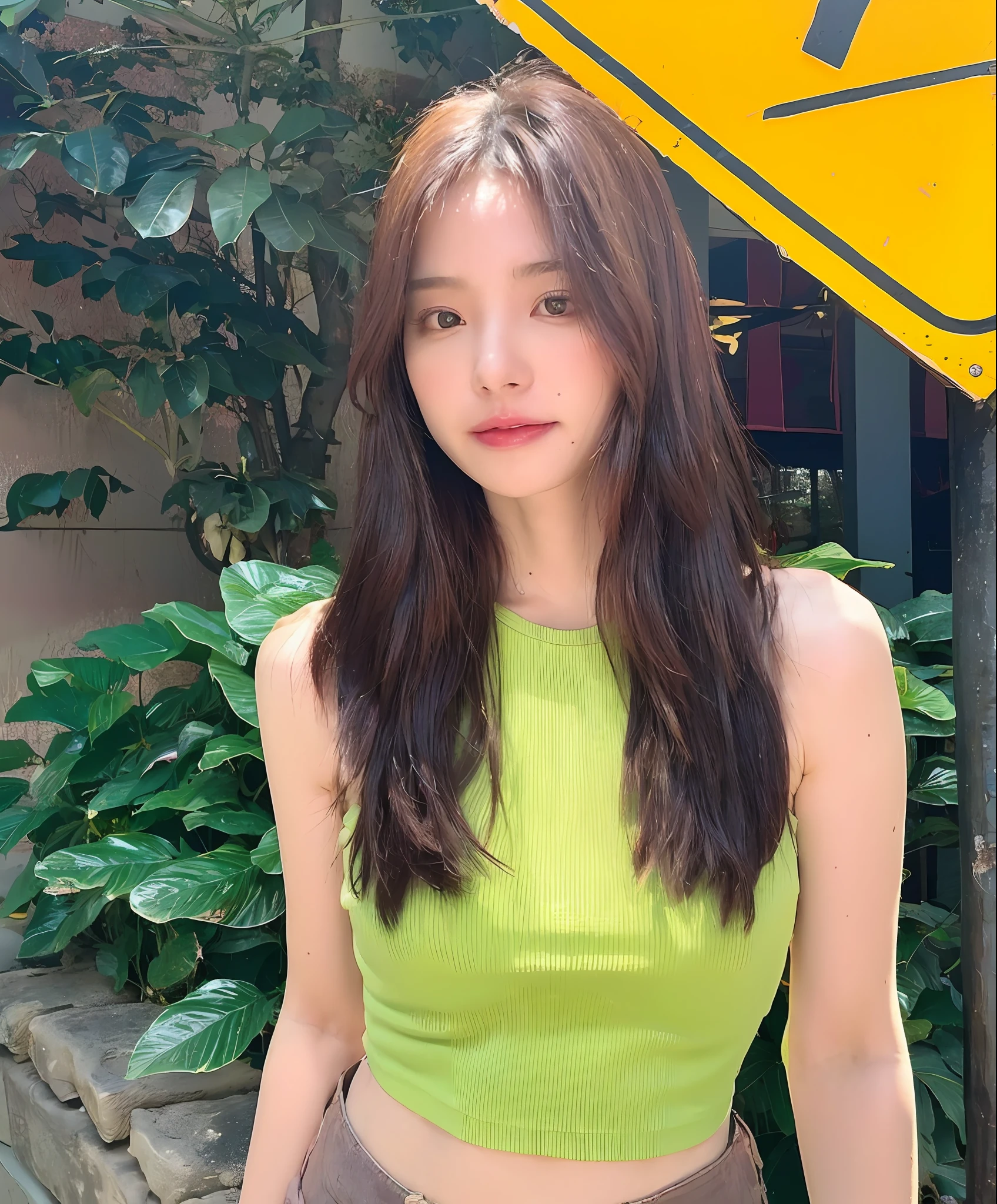 (highly detailed body, highly detailed face, best quality:1.2) ,A Woman, look at viewer, (Pink bra, Jeans), (Pink bougainvillea mess in background:1.4)