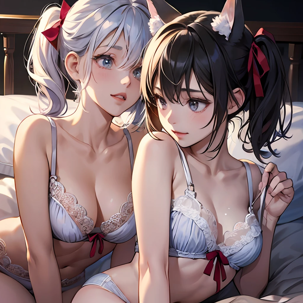 Animal ears, make happy expression, short hair, twin tails, soft light, very small breasts, teenage girl, two girls, slender ribbons, lace, lighting, lesbian, lover, bed, naked, sheer underwear, ruffles, goth loli, sexy, ecstatic look, touching another person's crotch, touching the partner's breast, feeling good, putting your hand in panties, embarrassing, braless