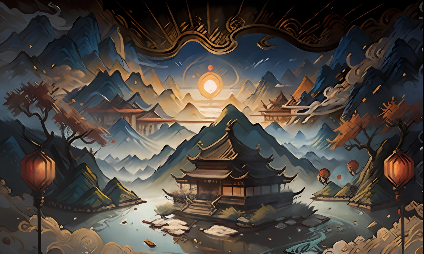An ancient Chinese painting, ancient Chinese background, mountains, rivers, auspicious clouds, pavilions, sunshine, masterpieces, super detail, epic composition, ultra HD, high quality, extremely detailed, official art, unified 8k wallpaper, Super detail, 32k -- v 6