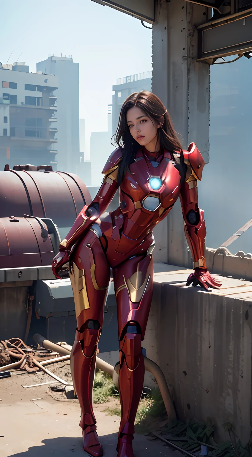 RAW, Masterpiece, Ultra Fine Photo,, Best Quality, Ultra High Resolution, Photorealistic, Sunlight, Full Body Portrait, Stunningly Beautiful,, Dynamic Poses, Delicate Face, Vibrant Eyes, (Side View, sexy mech) , she is wearing a futuristic Iron Man mech, red and gold color scheme, highly detailed abandoned warehouse background, detailed face, detailed and complex busy background, messy, gorgeous, milky white, high detailed skin, realistic skin details, visible pores , sharp focus, volumetric fog, 8k uhd, dslr camera, high quality, film grain, fair skin, photorealism, lomography, sprawling metropolis in futuristic dystopia, view from below, translucent,