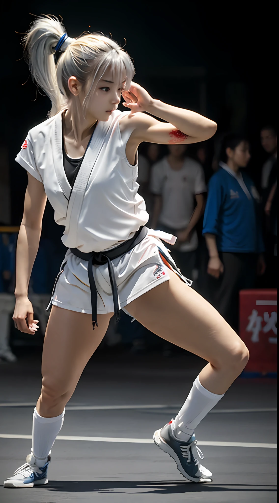 beautiful girls are playing Taekwondo ,18yo, in the street, silver hair, split ponytail, Conceptual art, best photo shot, glowing light, realistic, UHD, textured skin, masterpiece, anatomically correct, best quality, 8k, full body,