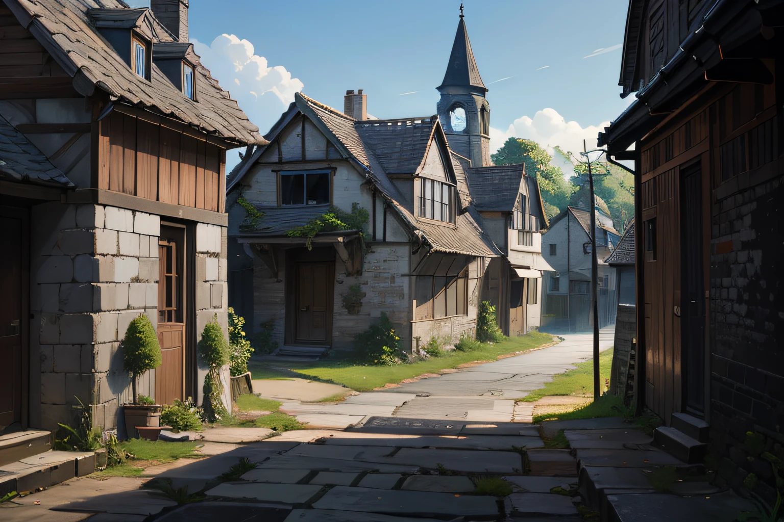 illustratio anime screenshot Ruined house Brick house cobblestone road medieval Europe Old house Lonely house Not beautiful Not paved House in disrepair Houses with a small number of colors A house that is about to collapse desolate Fine Line Art 2020s Anime