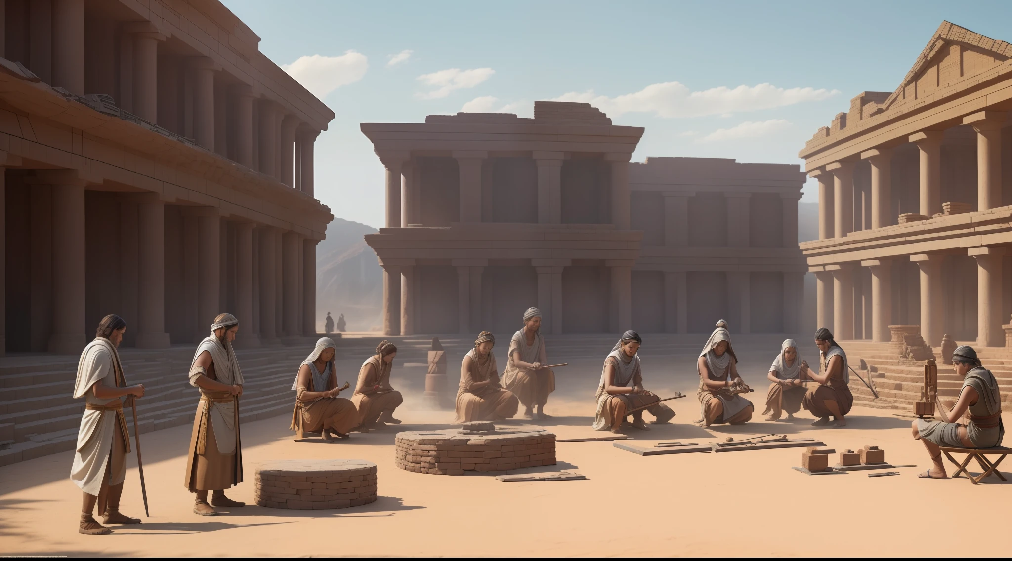 modelshoot style, (extremely detailed CG unit 8k wallpaper), group of ancient people building bricks, handicraft work, Midjourney and Greg Rutkowski