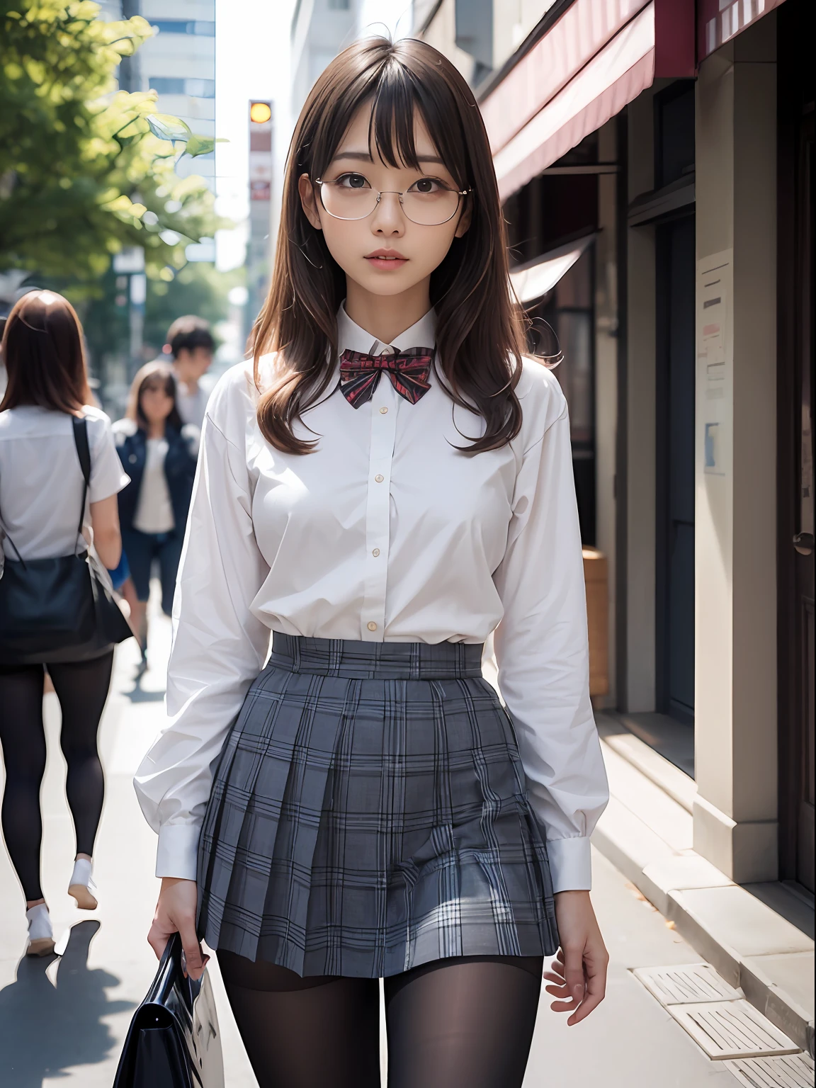 (8K、Raw photography、top-quality、masterpiece:1.2),de pele branca,Black pantyhose,absurderes,a small face,small tits,flat breast,Parting the bangs from the middle、Forehead visible,(Tight eyes,Bullish,skinny,Rasping,irate)、masterpiece,top-quality、超A high resolution,Raw photo,ren,Beautiful fece,One Person, 独奏,eye glass,,Dark look,Small breasts,fullllbody,Round glasses、cute little、A Japanese Lady,is standing,(Tight eyes,Bullish,skinny,Rasping,irate,small tits,flat breast)、(Photorealsitic:1.37)、Photon mapping,Light blue ribbon,Realistic、Cute little face,Brown-eyed、Black socks、(Red bow tie)、Radio City、Physically Based Rendering、Foreground、depth of fields、Blurry background、a picture,The girls、Body, Long legs, Thin leg,poneyTail,(Bangs are visible), hair, s lips, Blue_The eye, nosesoft,White shirt, Navy blue and white plaid pleated skirt, Knees are visible,Sheer clothing,, Thigh, Black cotton socks,Nogizaka Idol, 女優, Japanese ido