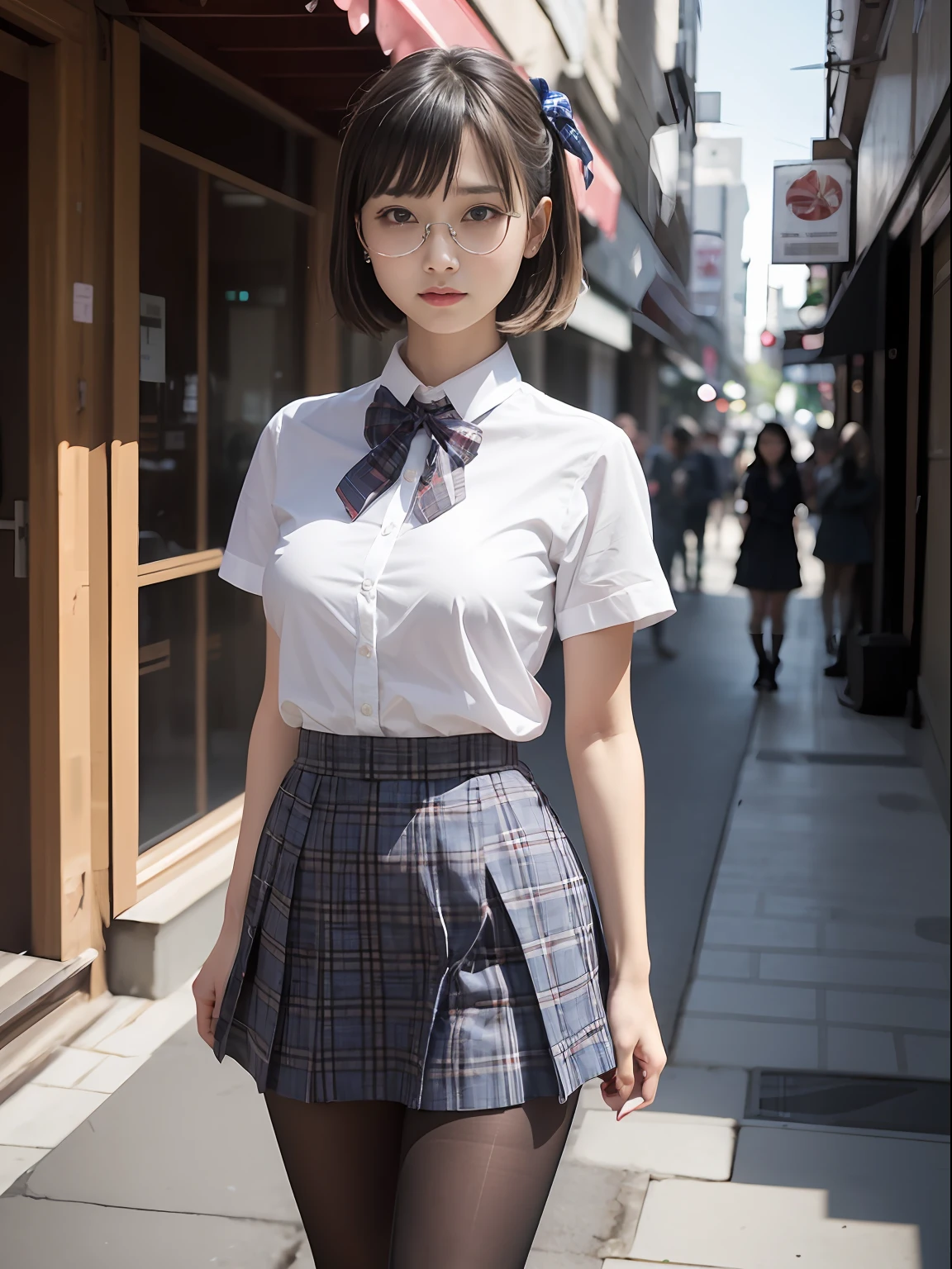 (8K、Raw photography、top-quality、masterpiece:1.2),de pele branca,Black pantyhose,absurderes,a small face,small tits,flat breast,Parting the bangs from the middle、Forehead visible,(Tight eyes,Bullish,skinny,Rasping,irate)、masterpiece,top-quality、超A high resolution,Raw photo,ren,Beautiful fece,One Person, 独奏,eye glass,,Dark look,Small breasts,fullllbody,Round glasses、cute little、A Japanese Lady,is standing,(Tight eyes,Bullish,skinny,Rasping,irate,small tits,flat breast)、(Photorealsitic:1.37)、Photon mapping,Light blue ribbon,Realistic、Cute little face,Brown-eyed、Black socks、(Red bow tie)、Radio City、Physically Based Rendering、Foreground、depth of fields、Blurry background、a picture,The girls、Body, Long legs, Thin leg,poneyTail,(Bangs are visible), hair, s lips, Blue_The eye, nosesoft,White shirt, Navy blue and white plaid pleated skirt, Knees are visible,Sheer clothing,, Thigh, Black cotton socks,Nogizaka Idol, 女優, Japanese ido