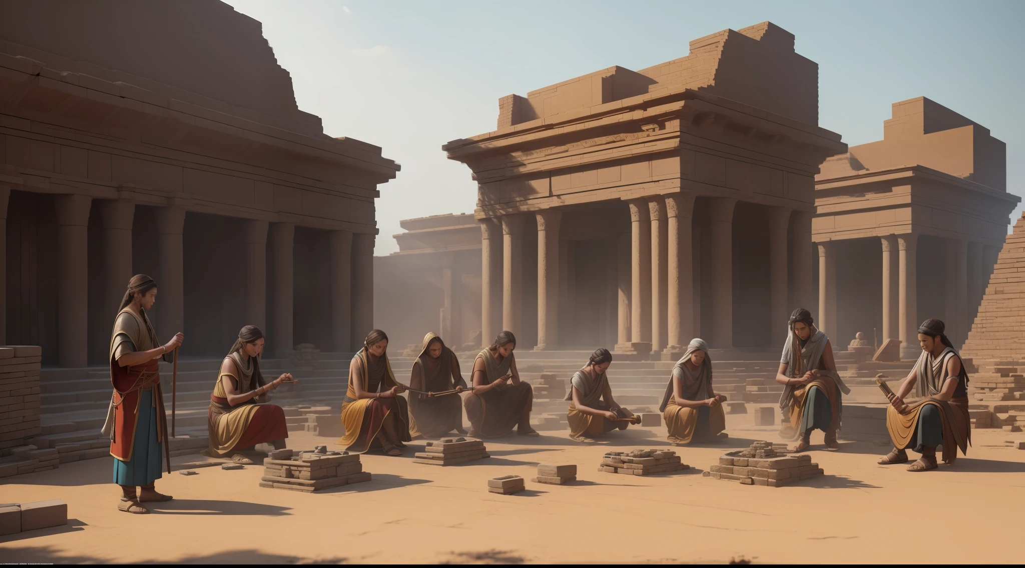modelshoot style, (extremely detailed CG unit 8k wallpaper), group of ancient people building bricks, handicraft work, Midjourney and Greg Rutkowski