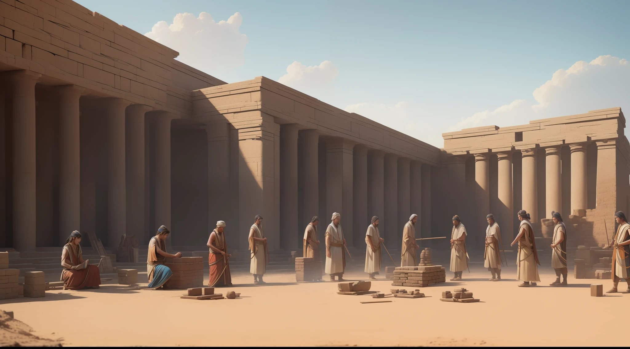 modelshoot style, (extremely detailed CG unit 8k wallpaper), group of ancient people building bricks, handicraft work, Midjourney and Greg Rutkowski