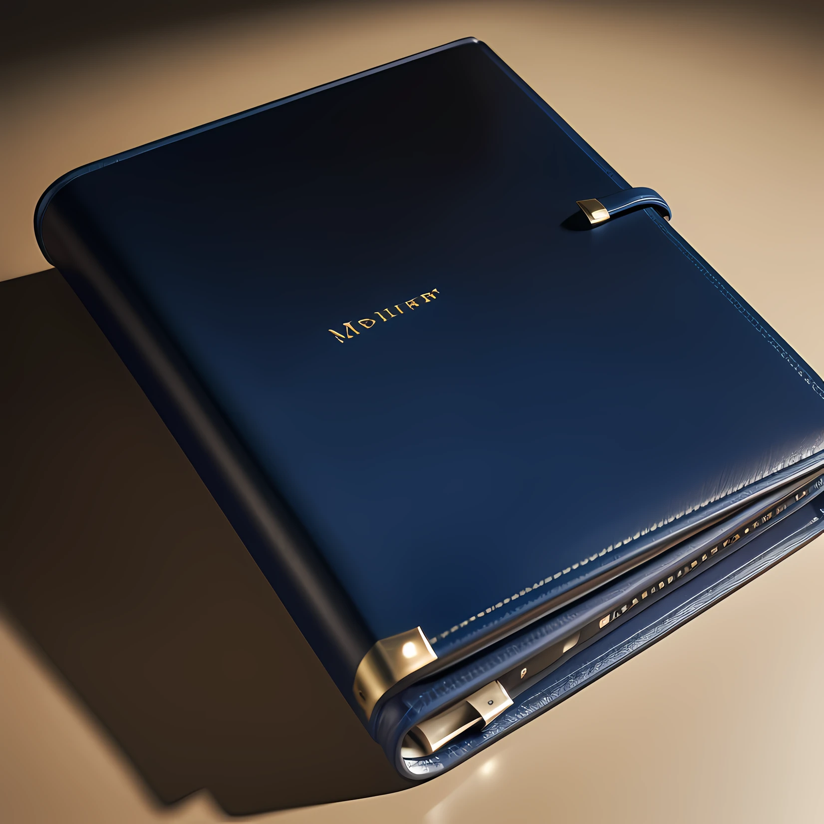 There is a blue leather folder on the table, product design shot,Close-up Shot Shot,luxury journal cover, Product rendering, product design render, 3 d product render, GRAPHITE, elegant render, semi - realistic render, exquisite and smooth details, packaging lens, briefcase, author:Matthias Wescher,Natural light and shadow