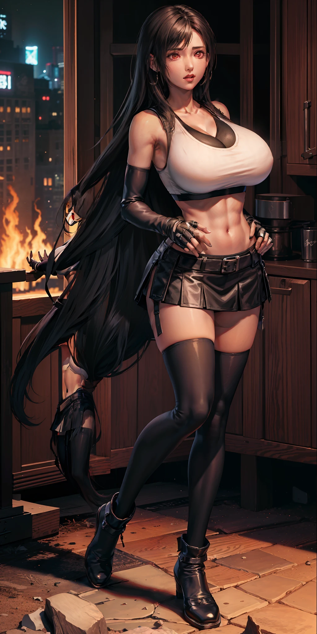 masterpiece, best quality,3d rending work ,3DMM style,close-up, 3D,1girl, solo, black hair, teardropshaped earrings, realistic, (full body:1.5), urban city background, bangs, long straight black hair, parted lips, choker, makeup, (white sports bra:1.5), (red eyes), tifa lockhart, (huge breasts:1.5) enormous droopy breasts, macromastia, cleavage, exposed stomach, toned abs, toned arms, (black miniskirt:1.4) thigh high stockings, red boots, slim, thin figure, long legs