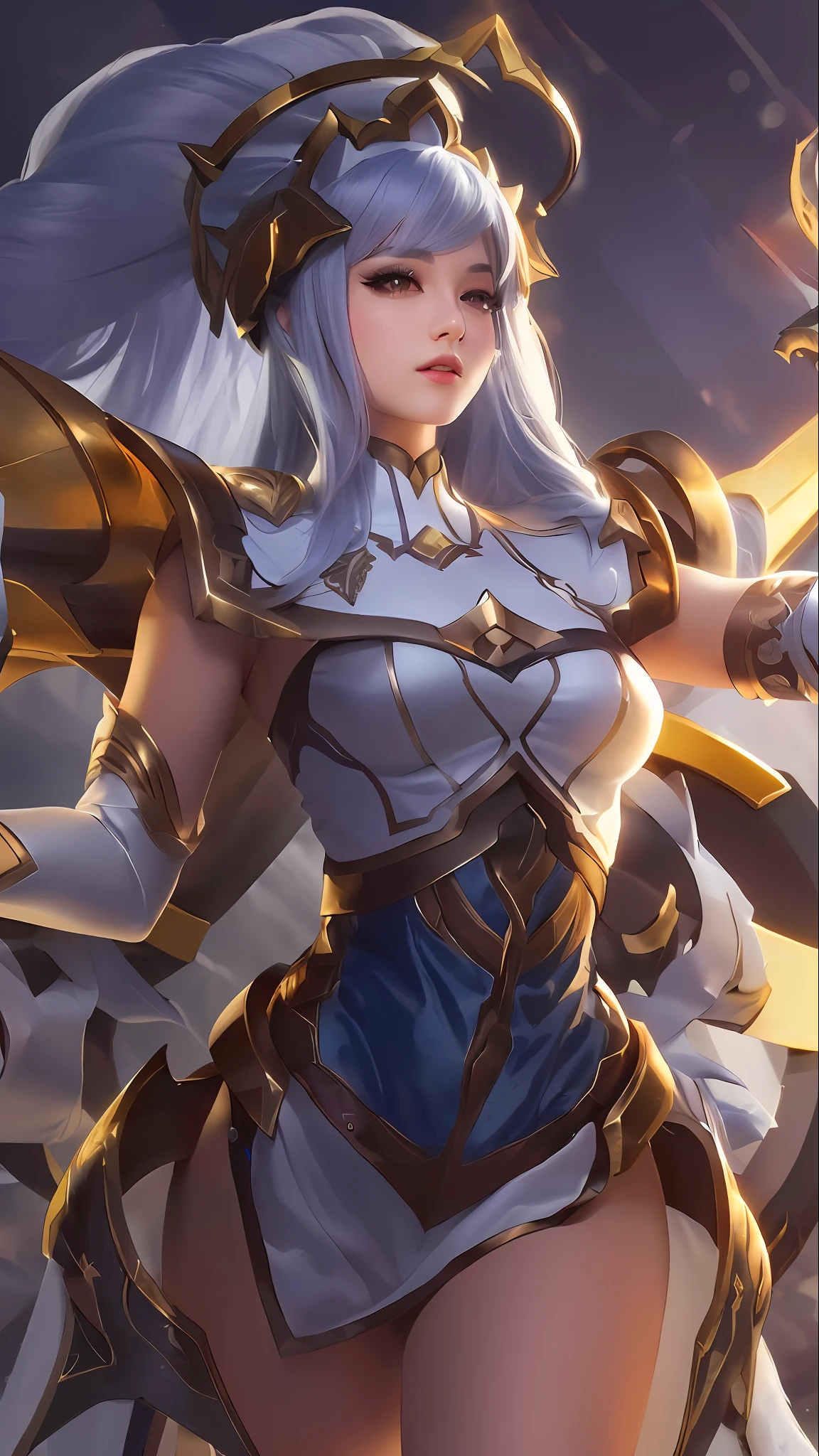 a close up of a woman in a costume holding a sword, ashe, portrait knights of zodiac girl, irelia, extremely detailed artgerm, senna from league of legends, kda, irelia from league of legends, knights of zodiac girl, ig model | artgerm, samira from league of legends, freya, style artgerm, clothes detail,color detailed,hair detail,eyes detailed,silver hair detailed, beautiful face, masterpiece, Best quality,white skins, perfect fingers,hands detail,Bokeh,aggressive eyes