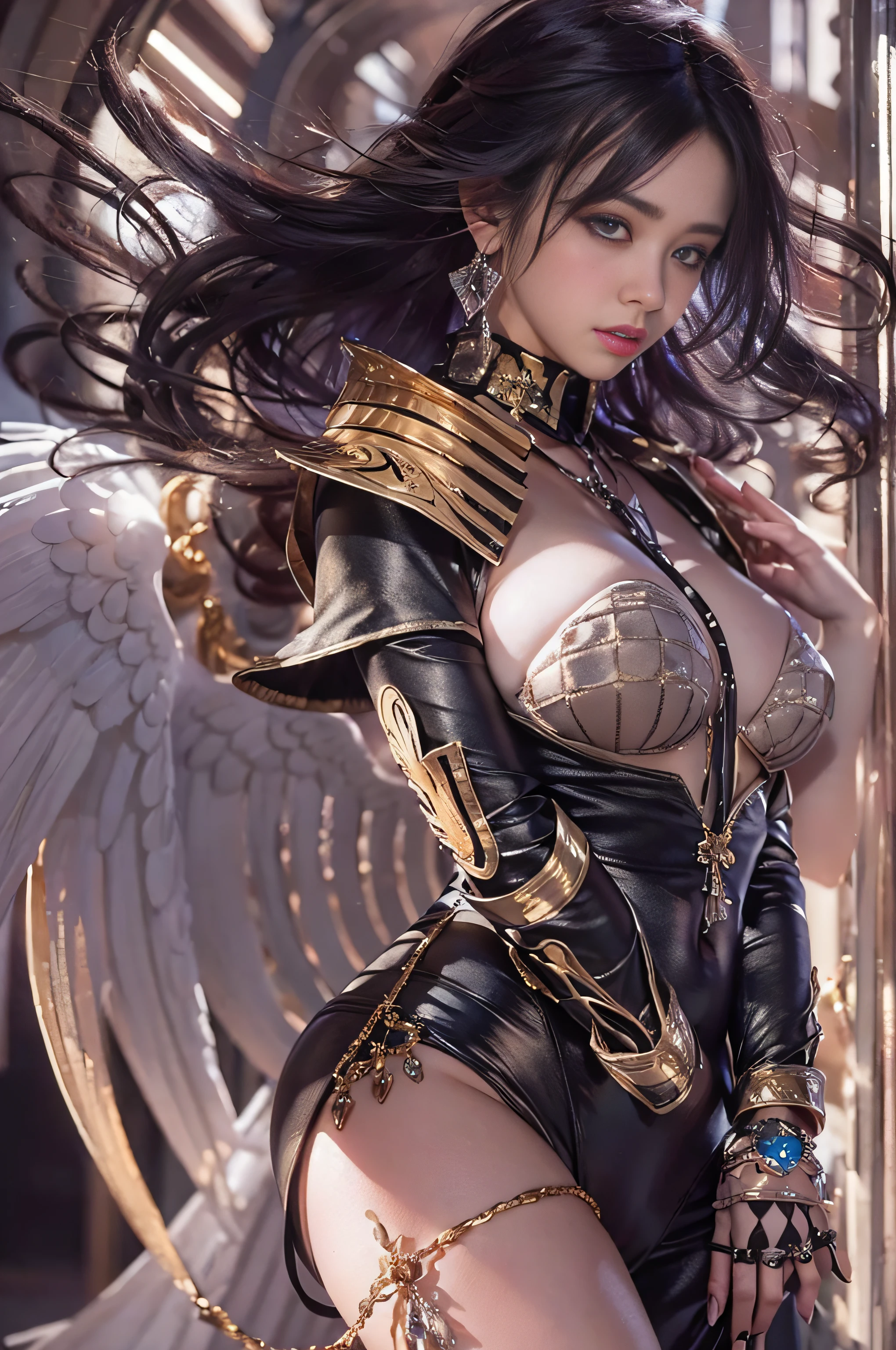 {Stunning female Egyptian angel}, Luminous Studio graphics engine, goth Renaissance, long black hair with golden stripes,、Ether Gold Iris, skin tanned, gold, Ray tracing, Full lips, {Defined eyebrows}, crystalline, Glitter, Detailed background of the desert, White uniform, Sharp Focus,no-bra、Watch straight viewers、Perfect and accurate anatomy, perfectly proportions、Pretty curvaceous、爆乳、Tight waist、big butts、Trained thighs、Extremely detailed illustration, Approaching perfection, Dynamic, Intricate details, Ultra high definition, 8K resolution, Glamour, glimmer, Ethereal, {art by:ayami kojima}, {Fine Art:Heisei}, art  stations, Aesthetic, Gothic, Lace, Concept art, Unevenness of the skin、((Walk facing the front:1.5))、Cowboy Shot、 Dreamy, Back lighting, Shine a light on your face、Fantastical, shadowy,