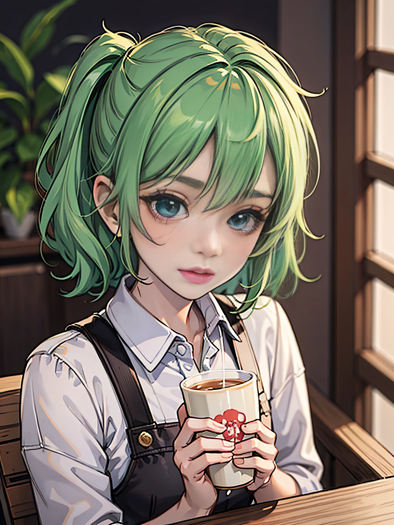 A young girl holds a cup of milk tea, Close up to the face,3D,C4D, true to life, Light green clothes,watered eyes,Light-colored hair,Disney style, Ultra photo realsisim,Clean picture