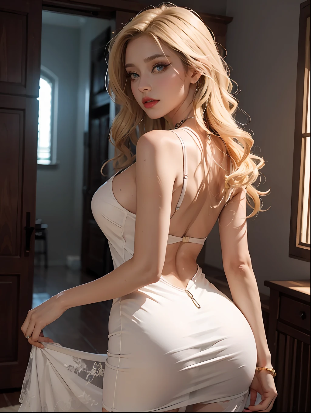 (tmasterpiece:1.2), (best qualtiy:1.2), perfect eyes, s the perfect face, Volumetriclighting, 1girll, Now sexy and mature, , gossamer dress,Clothes open, blond hairbl, pauldrons, Top employees, stern expression, fanciful, exteriors, detailed back ground, putting makeup on, lipsticks, eye shadows, mascara, thick eyeslashes,full bodyesbian,embarressed,