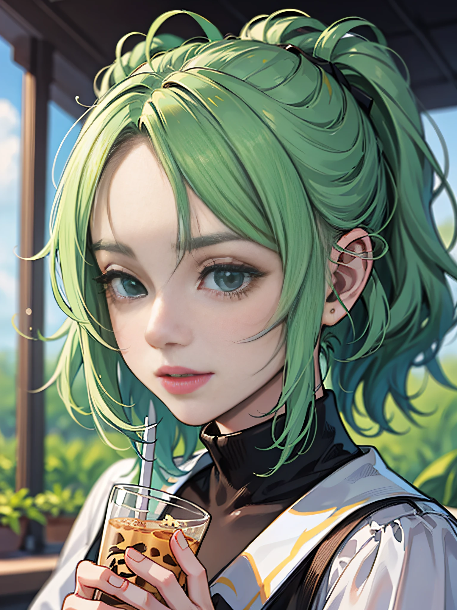 A young girl holds a cup of milk tea, Close up to the face,3D,C4D, true to life, Light green clothes,watered eyes,Light-colored hair,Disney style, Ultra photo realsisim,Clean picture