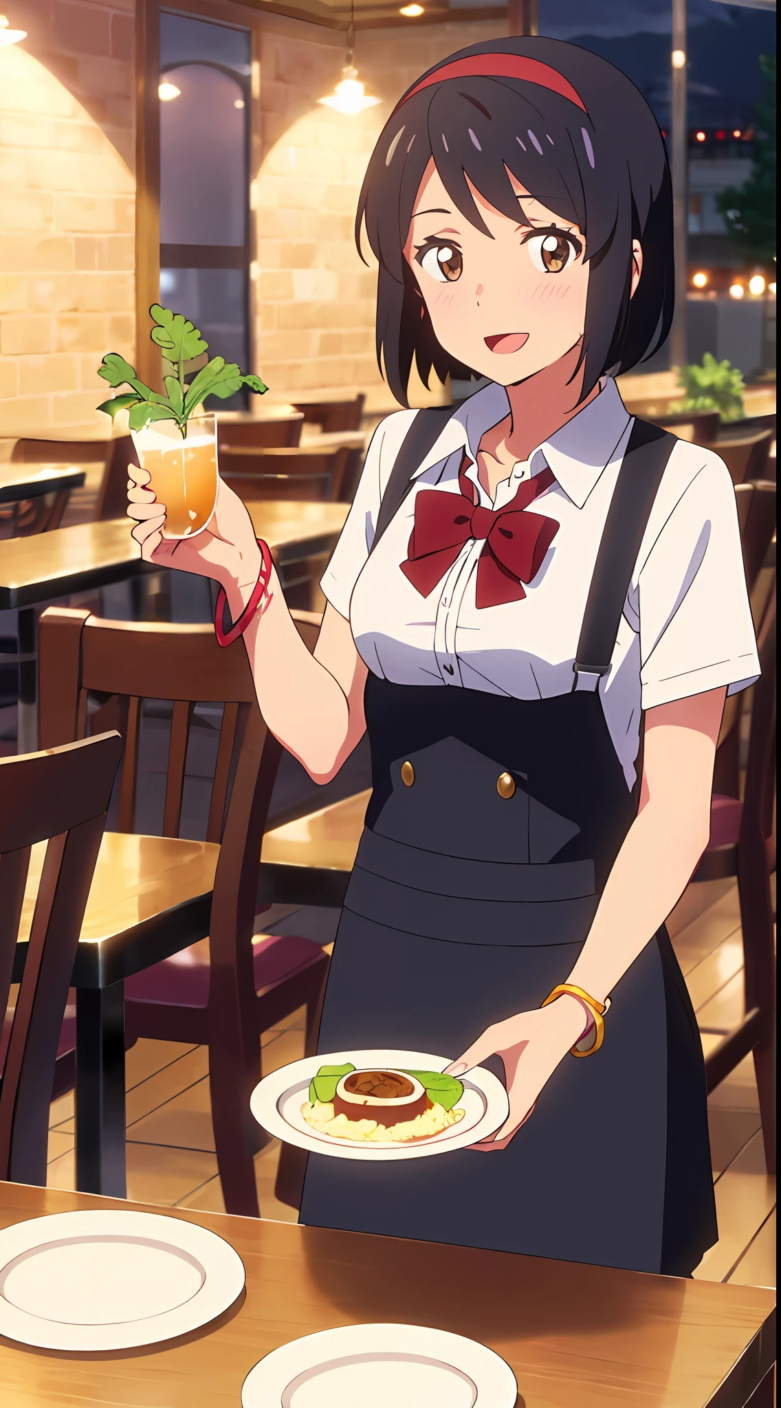 shinkai makoto, kimi no na wa., 1girl, bangs, black hair, blush, brown eyes, Suspender Clothes, looking at the viewer, collarbone, red bow, red headband, red ribbon, short hair, cute, solo, skirt, short sleeves, open mouth, night, bracelet, tavern setting, pov across table, white shirt, eating, two hands, excited, happy, :D, cafe, resto, foods, drinks, table and chair