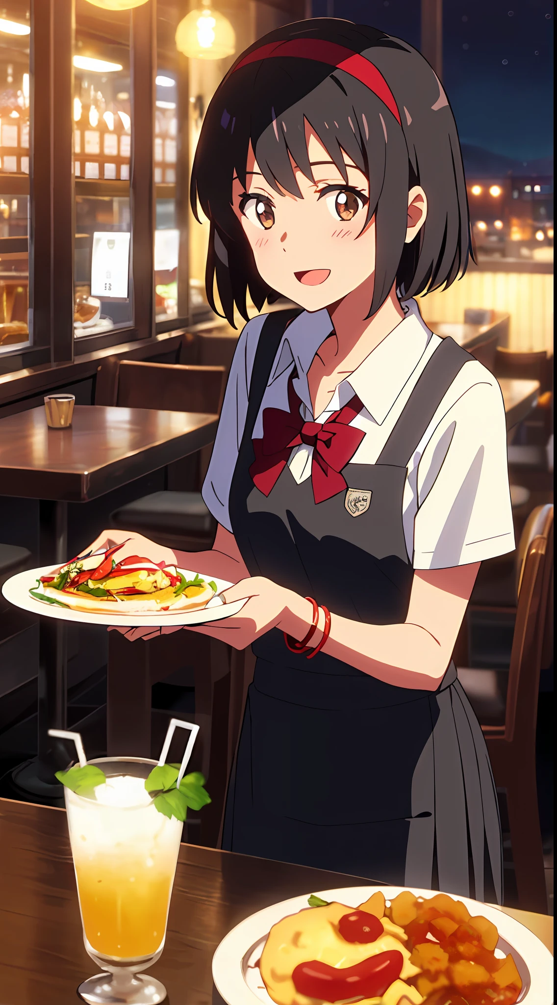shinkai makoto, kimi no na wa., 1girl, bangs, black hair, blush, brown eyes, Suspender Clothes, looking at the viewer, collarbone, red bow, red headband, red ribbon, short hair, cute, solo, skirt, short sleeves, open mouth, night, bracelet, tavern setting, pov across table, white shirt, eating, two hands, excited, happy, :D, cafe, resto, foods, drinks, table and chair