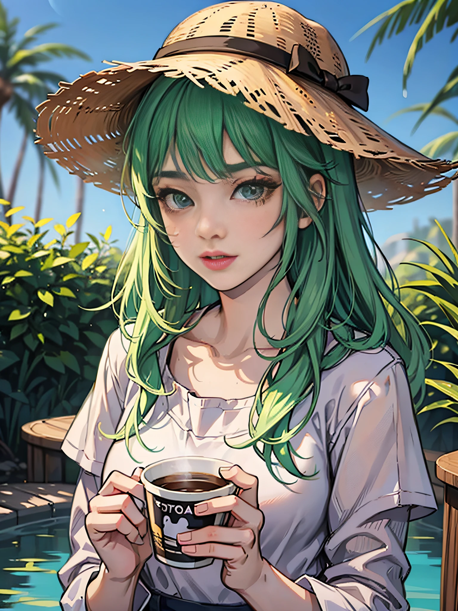 A young girl holds a cup of milk tea, Close up to the face,3D,C4D, true to life, Light green clothes,watered eyes,Light-colored hair,Disney style, Ultra photo realsisim,Clean picture