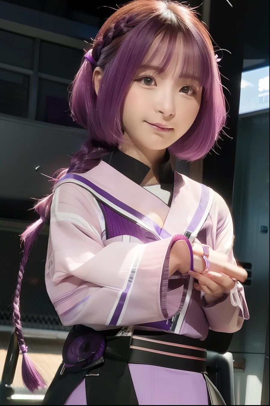 1girl, Sumire Kakei, Purple shirt , Short hair, Purple hair, Braid hair, Long hair, realistic, ultra detail, 70 mm lens